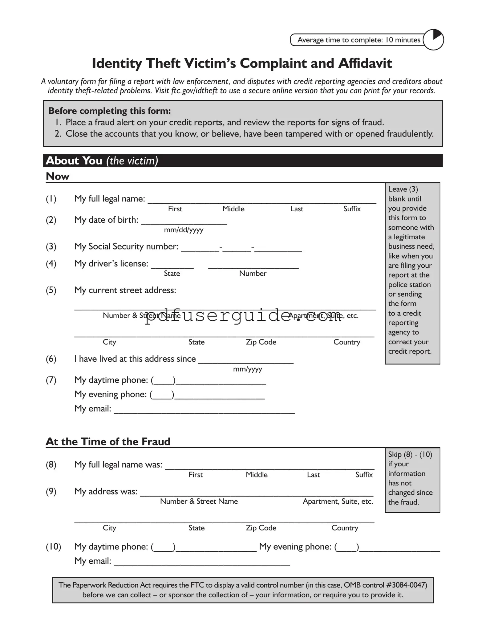 Free Ftc Identity Theft Affidavit Form in PDF