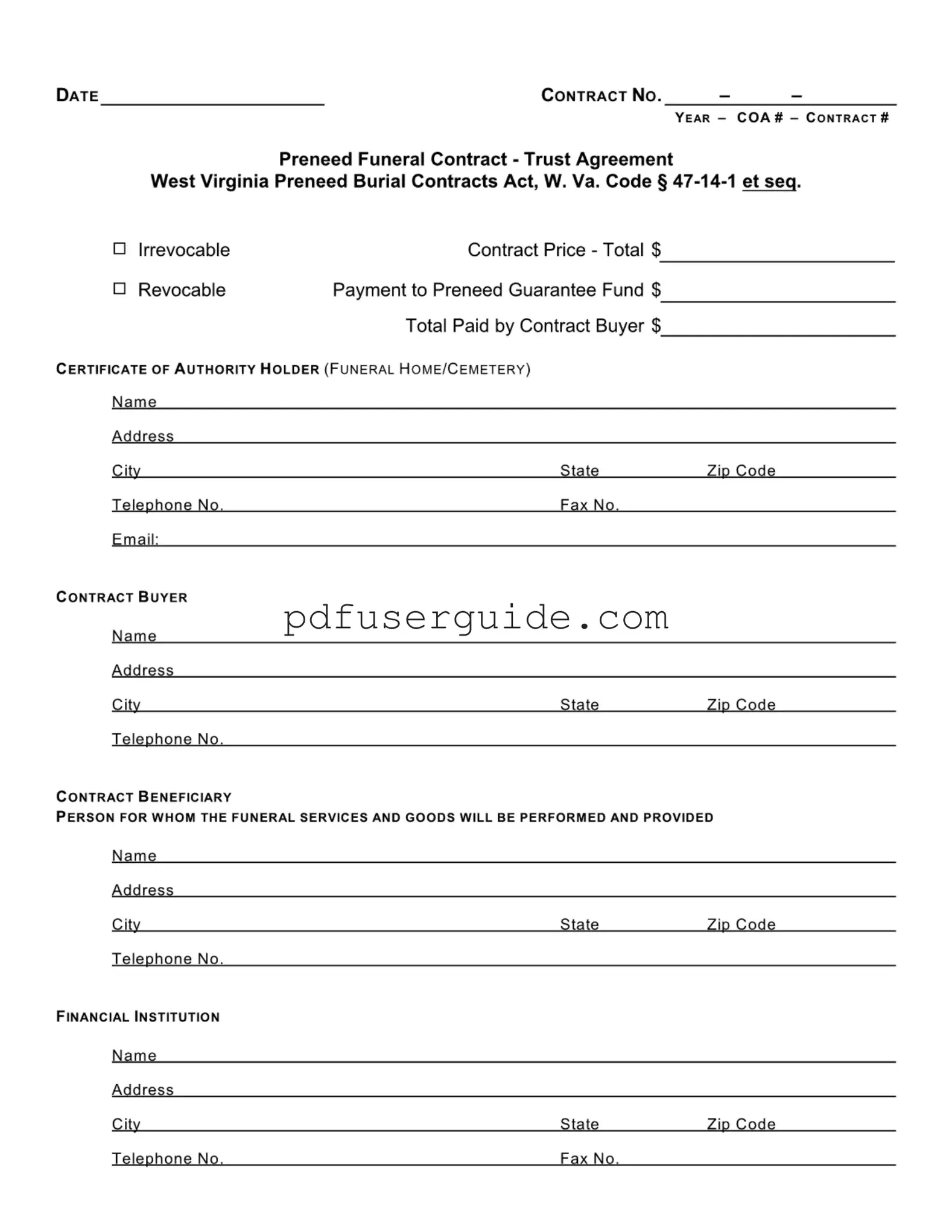 Free Funeral Contract Sample Form in PDF