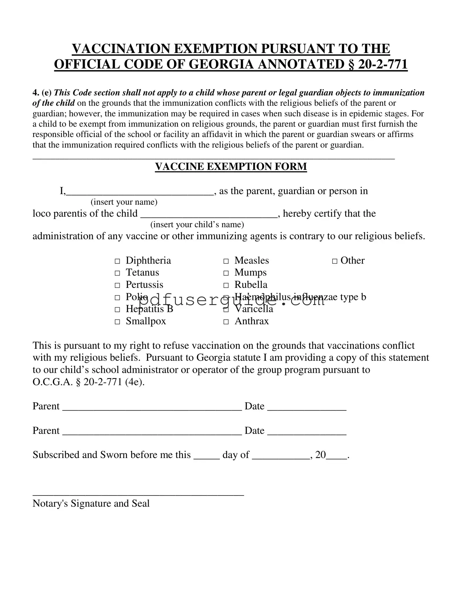 Free Ga Vaccine Exemption Form in PDF