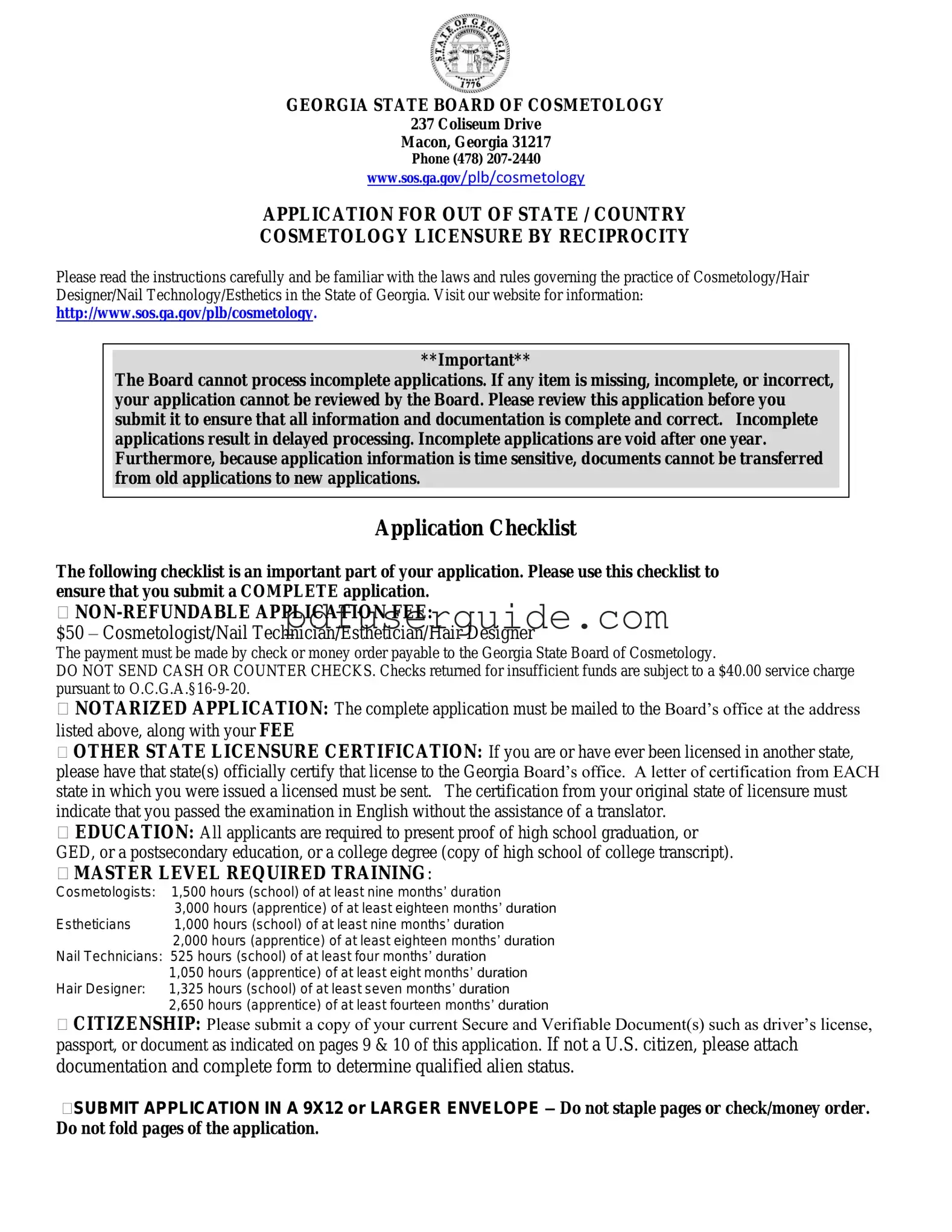 Free Georgia Cosmetology Reciprocity Form in PDF