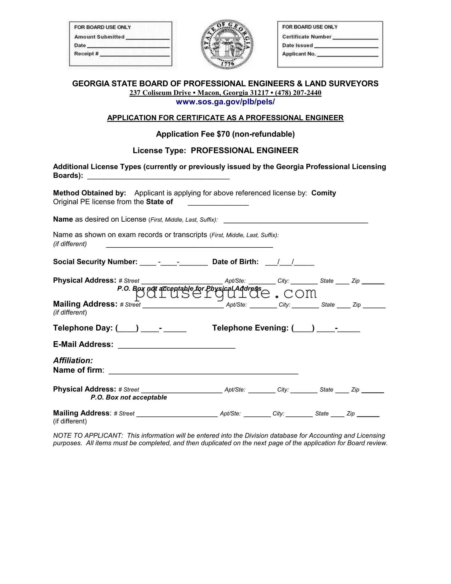 Free Georgia Pe Comity Application Form in PDF