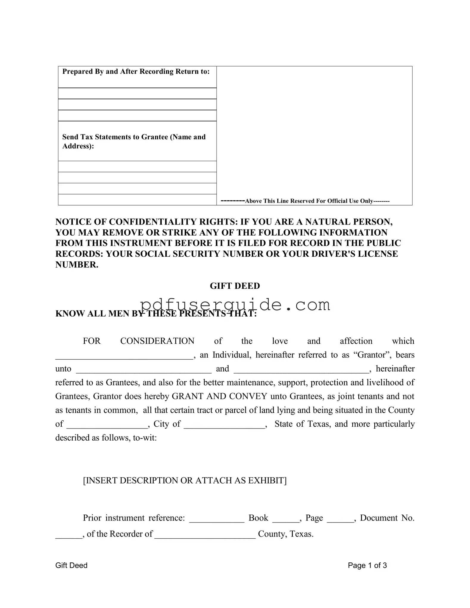 Free Gift Deed Texas Form in PDF