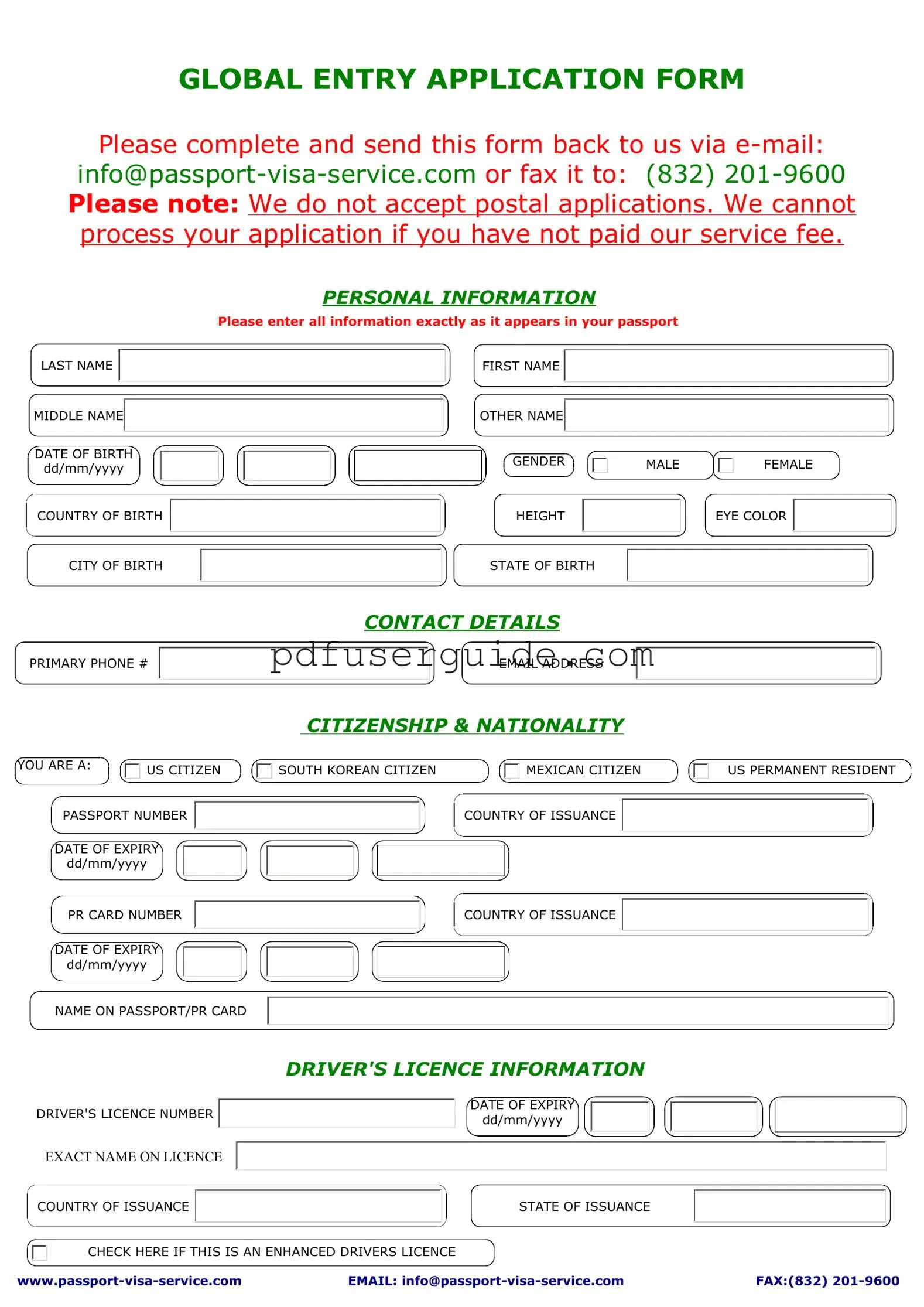 Free Global Entry Application Form in PDF