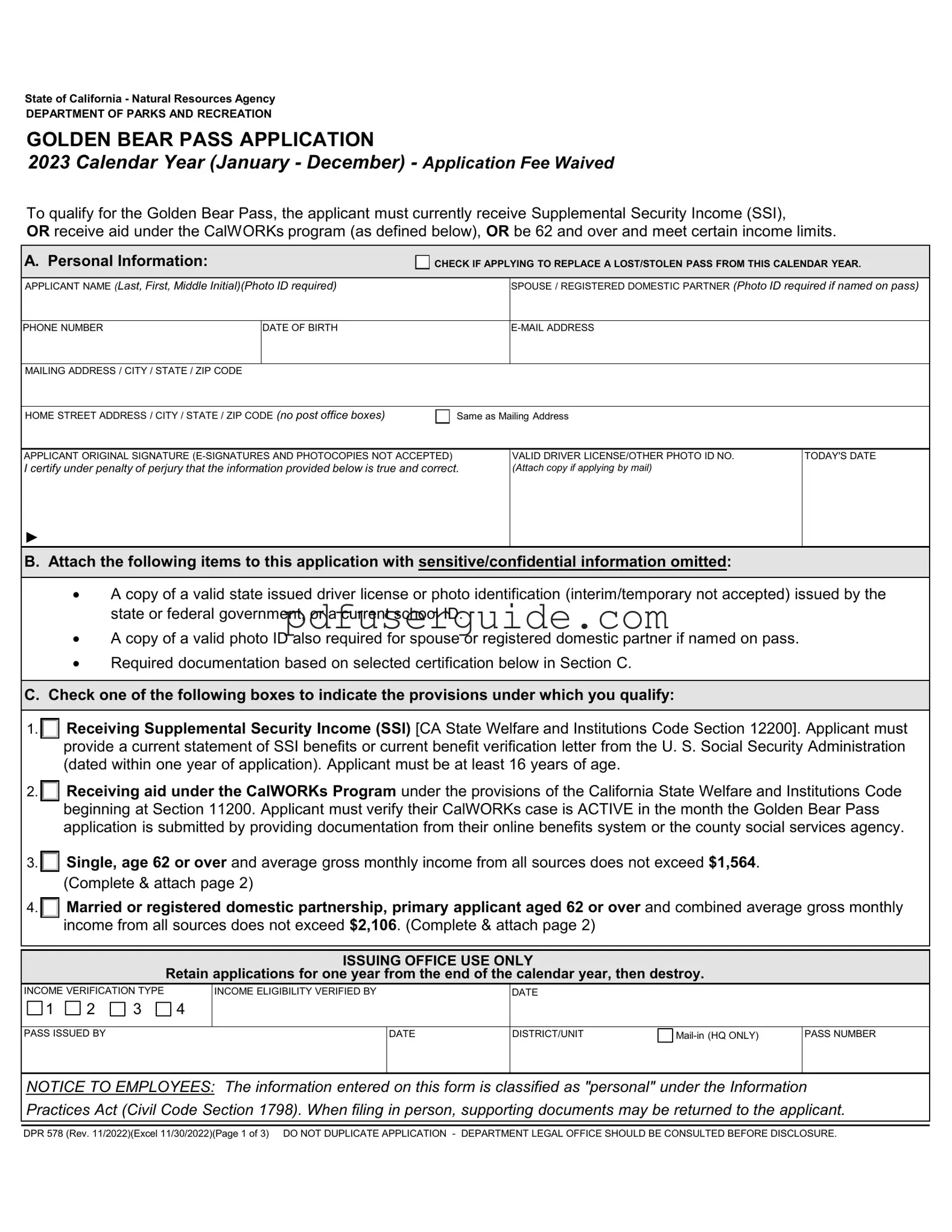 Free Golden Bear Pass Application Form in PDF
