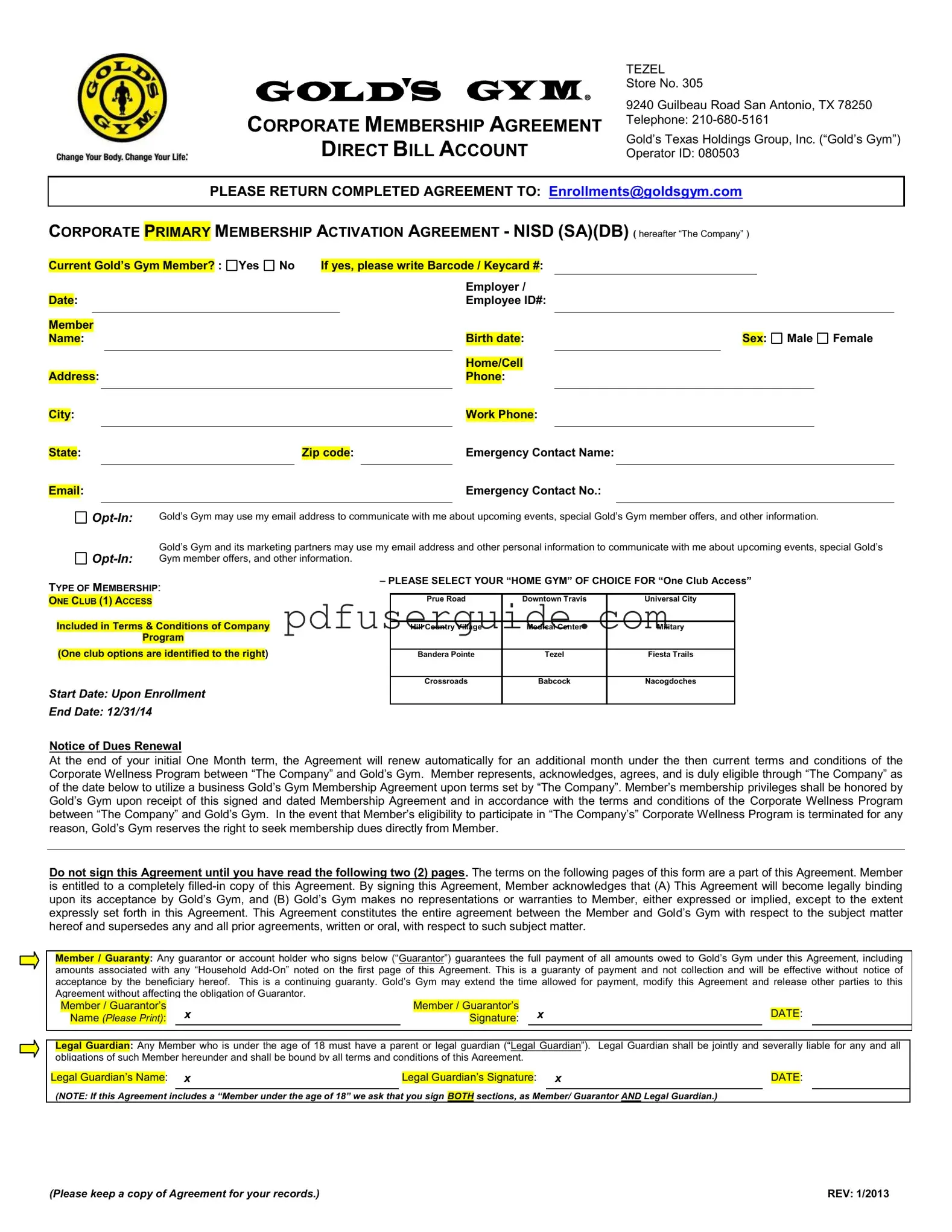 Free Golds Gym Application Form in PDF