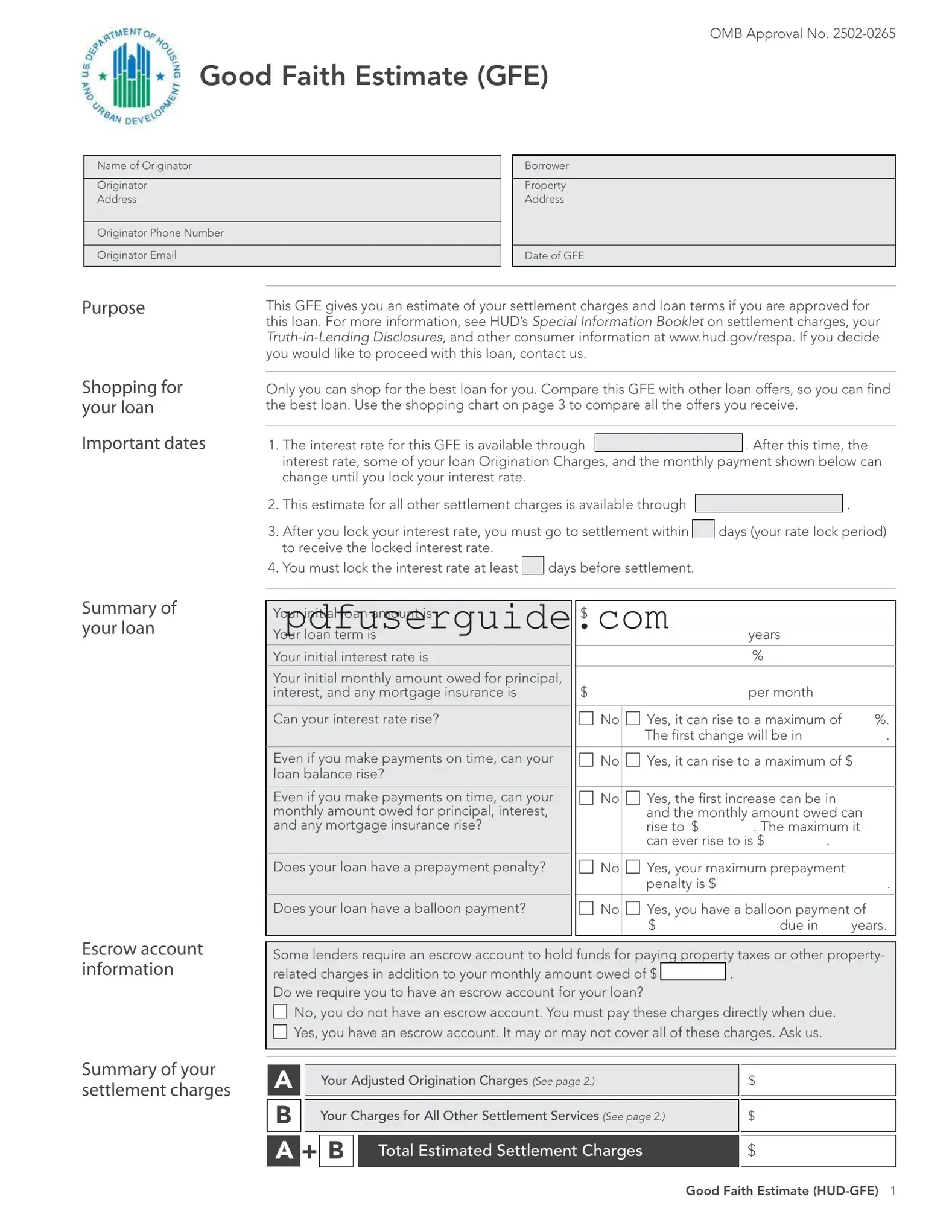 Free Good Faith Estimate Form in PDF