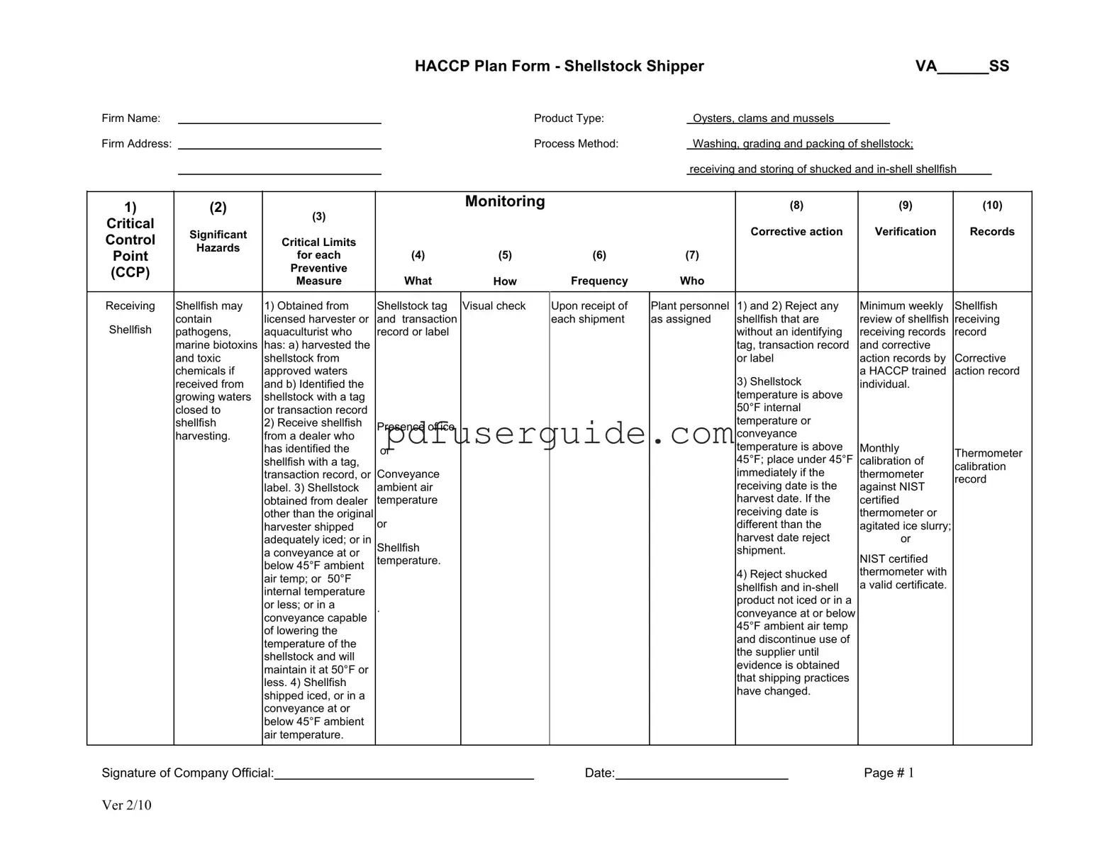 Free Haccp Plan Oyster Form in PDF