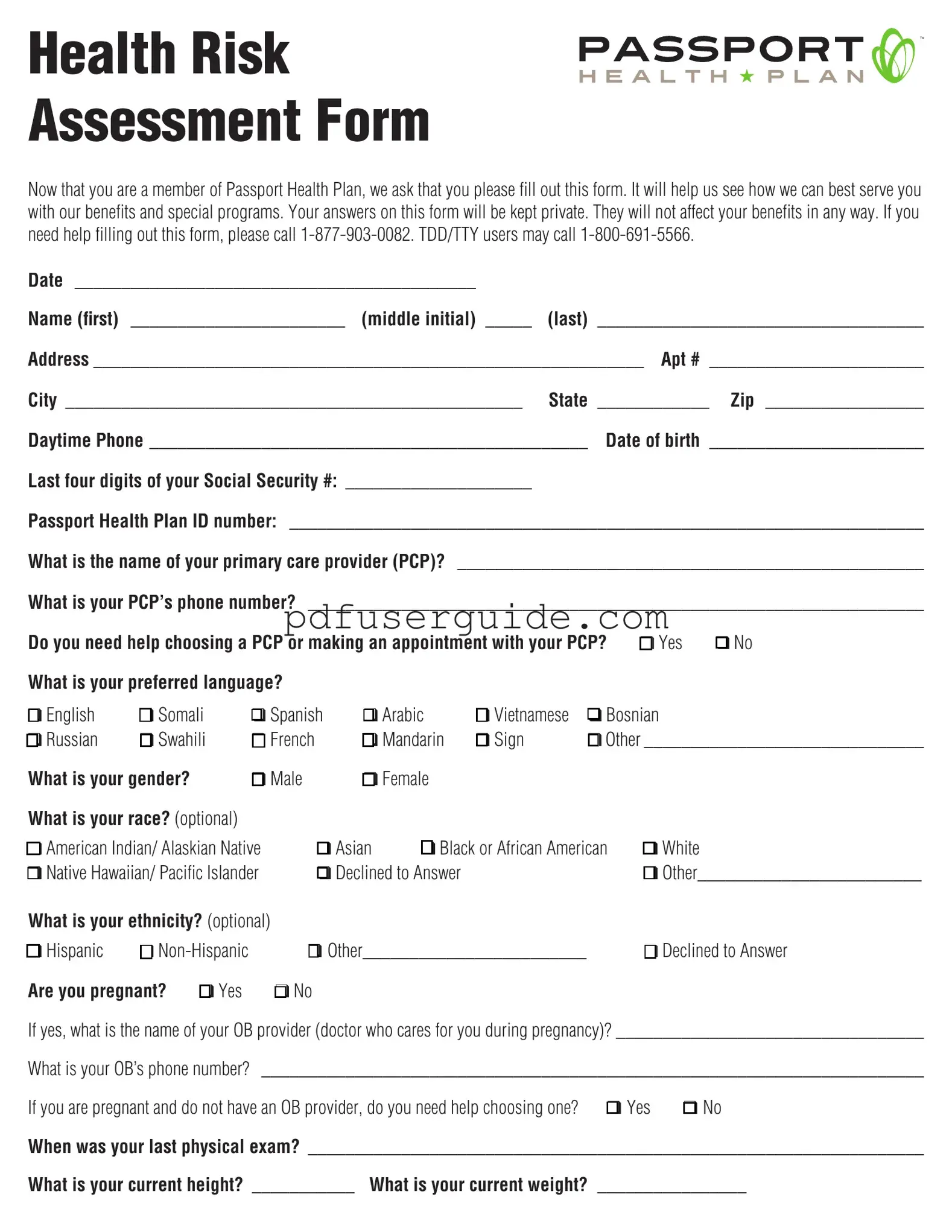 Free Health Risk Assessment Form in PDF