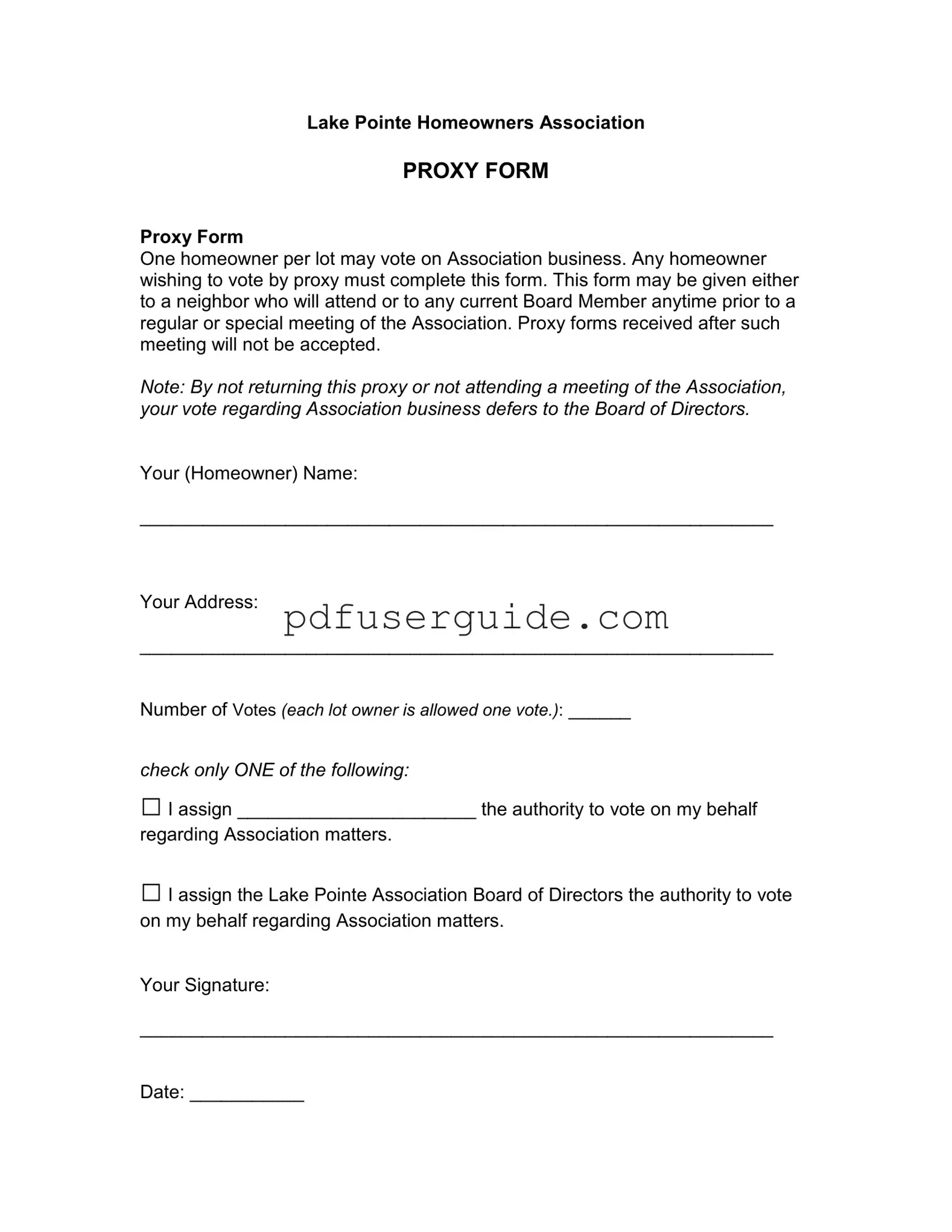 Free Homeowners Association Proxy Form in PDF