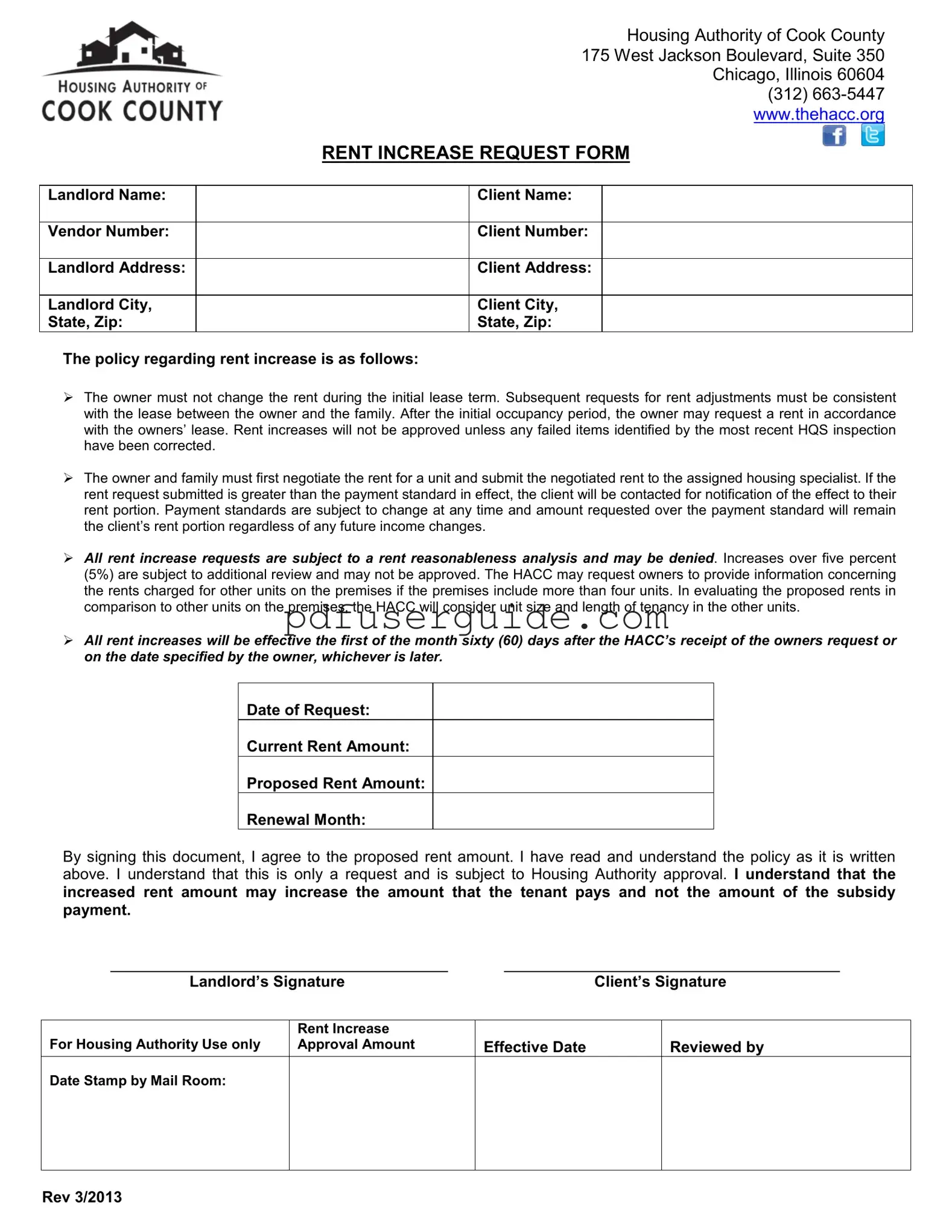 Free Housing Authority Cook County Rent Increase Form in PDF