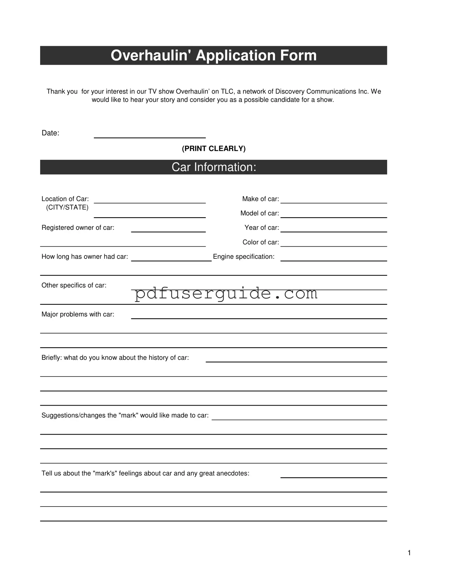 Free How To Apply For Overhaulin Tv Show Form in PDF