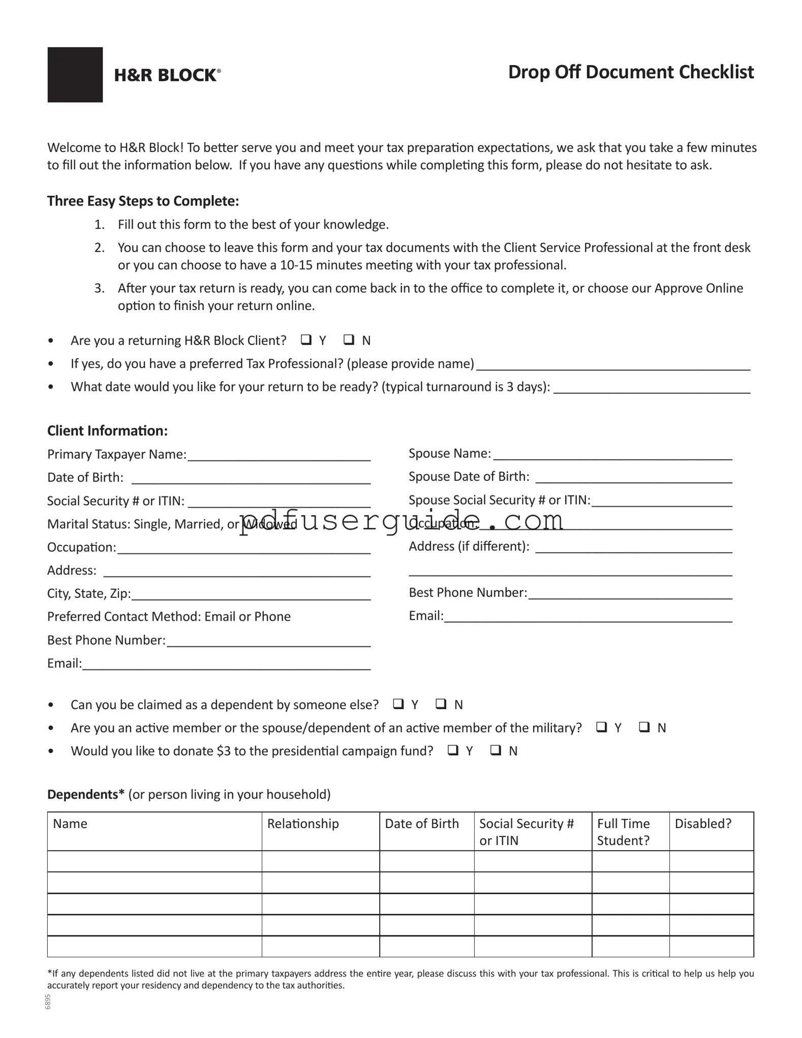Free Hr Block Drop Off Checklist Form in PDF