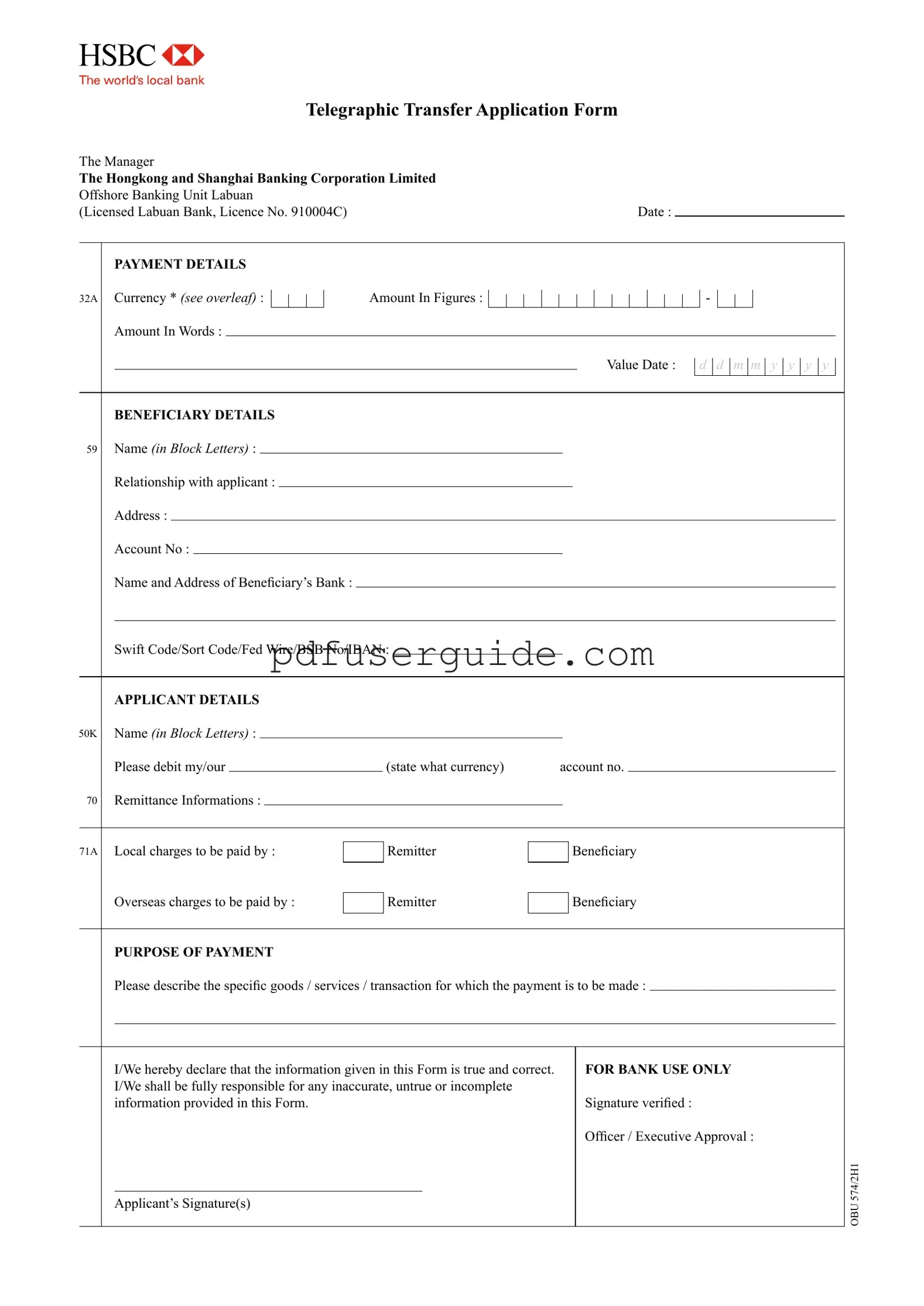 Free Hsbc Telegraphic Transfer Slip Form in PDF