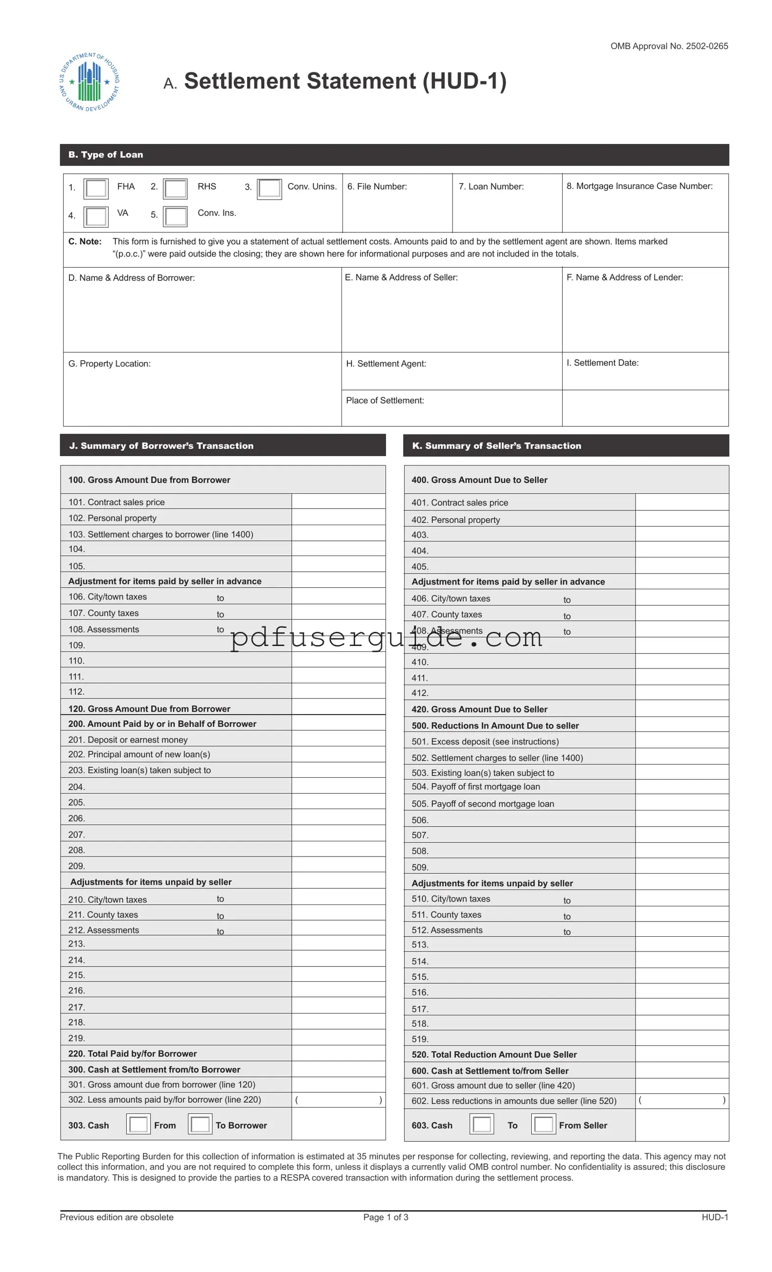 Free HUD-1 Settlement Statement Form in PDF