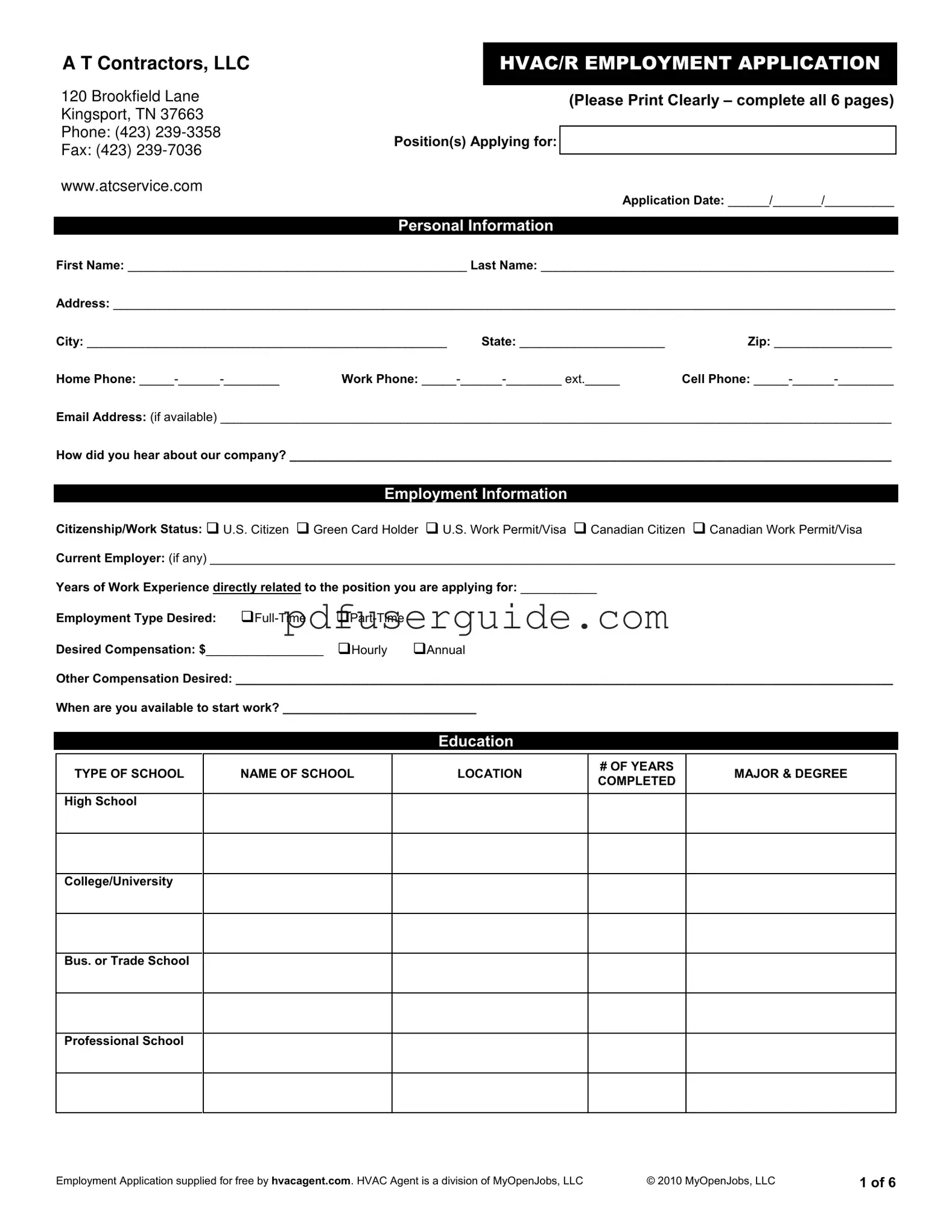 Free Hvac Job Application Form in PDF