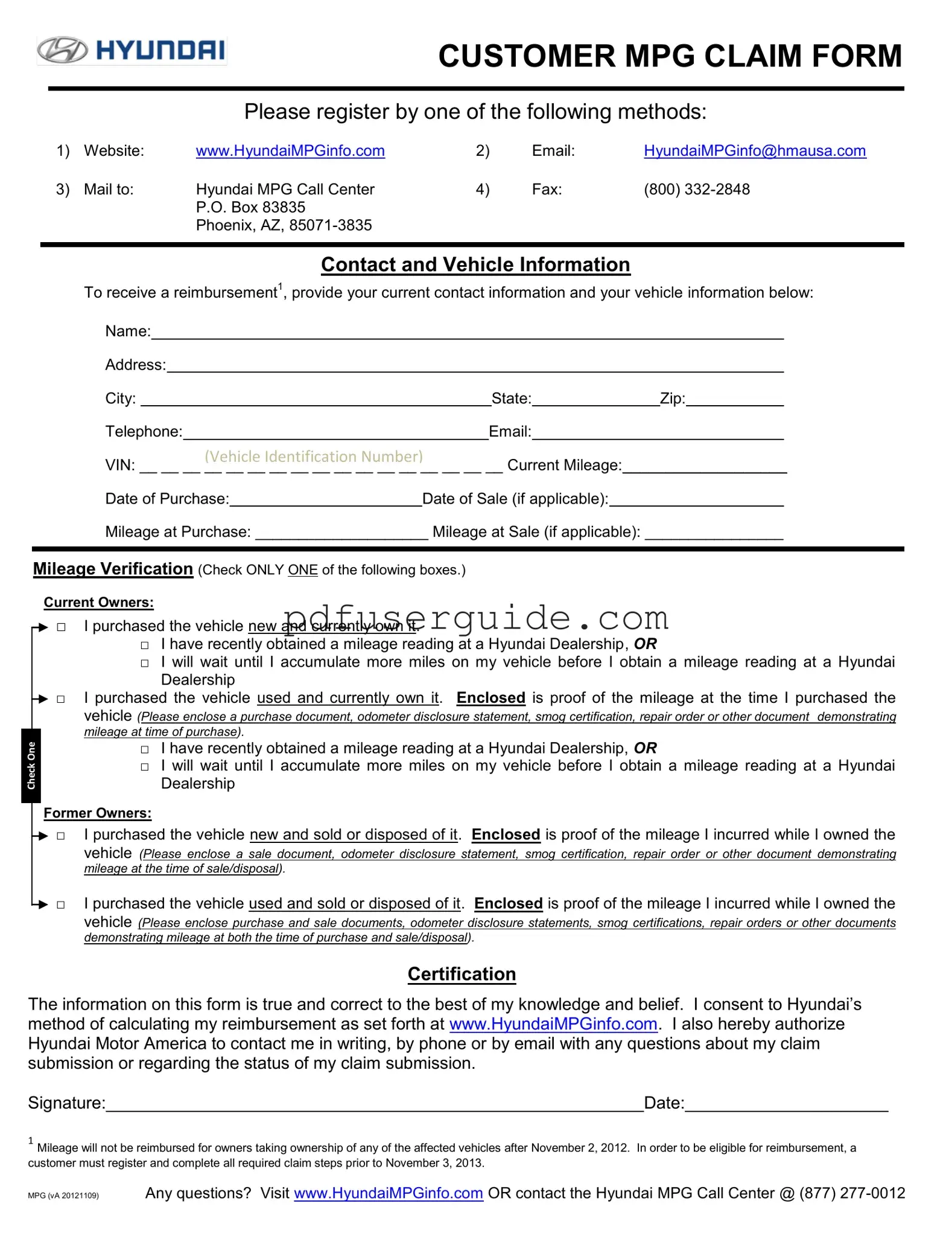 Free Hyundai Reimbursement Mpg Form in PDF