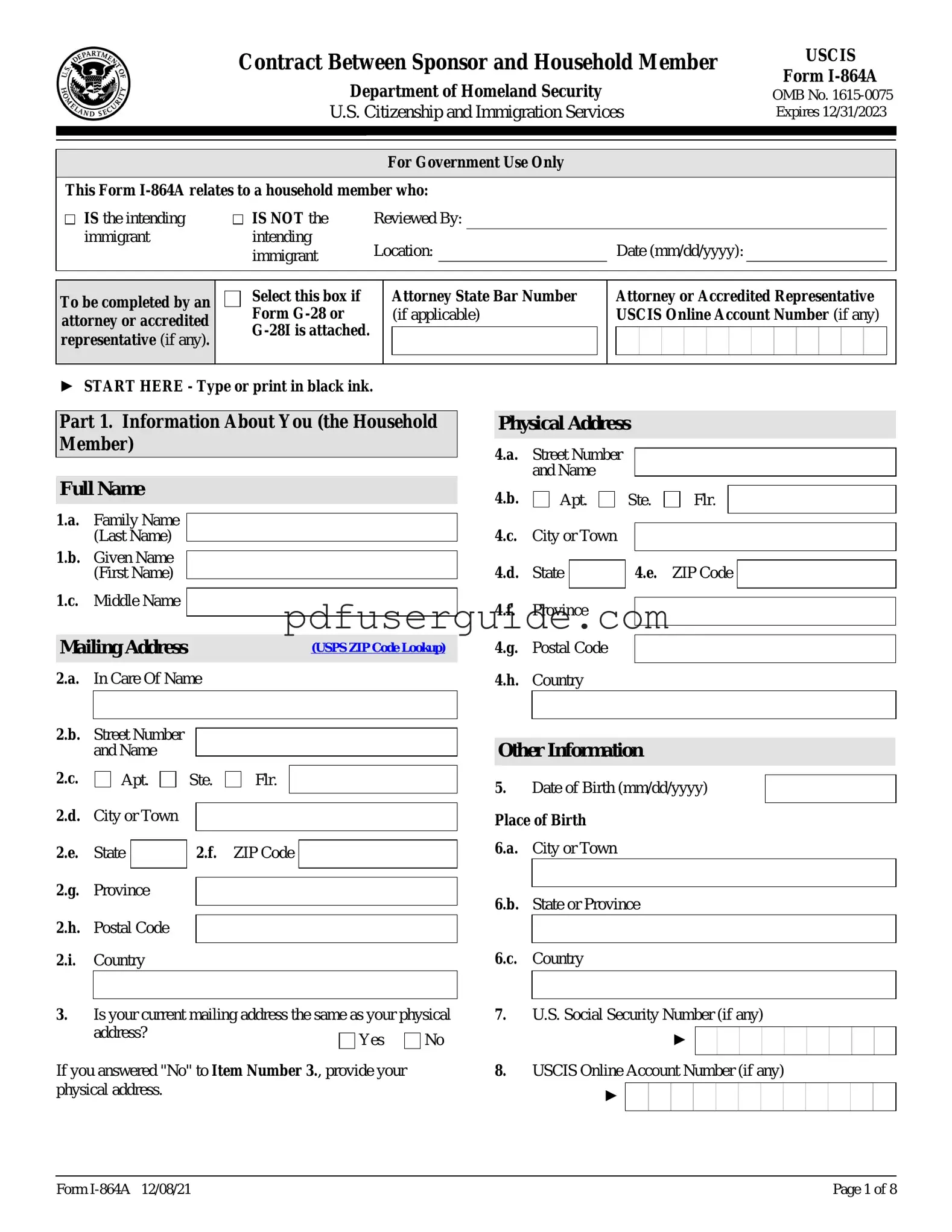 Free I 864A Affidavit Of Support Form in PDF