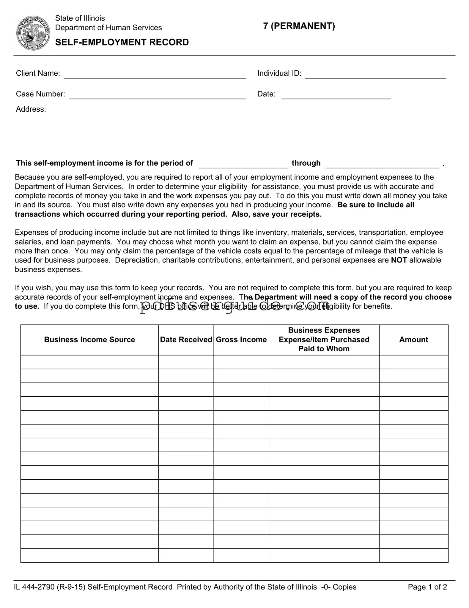 Free Il 444 2790 Self Employment Record Form in PDF