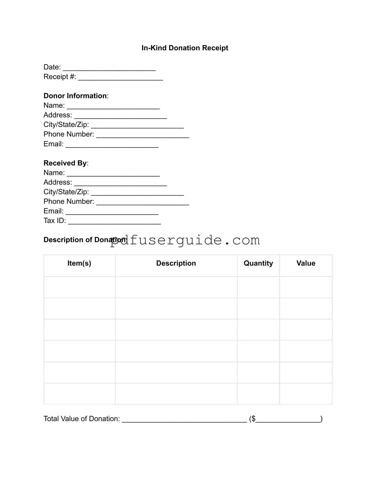 Free In-Kind Donation Receipt Form in PDF