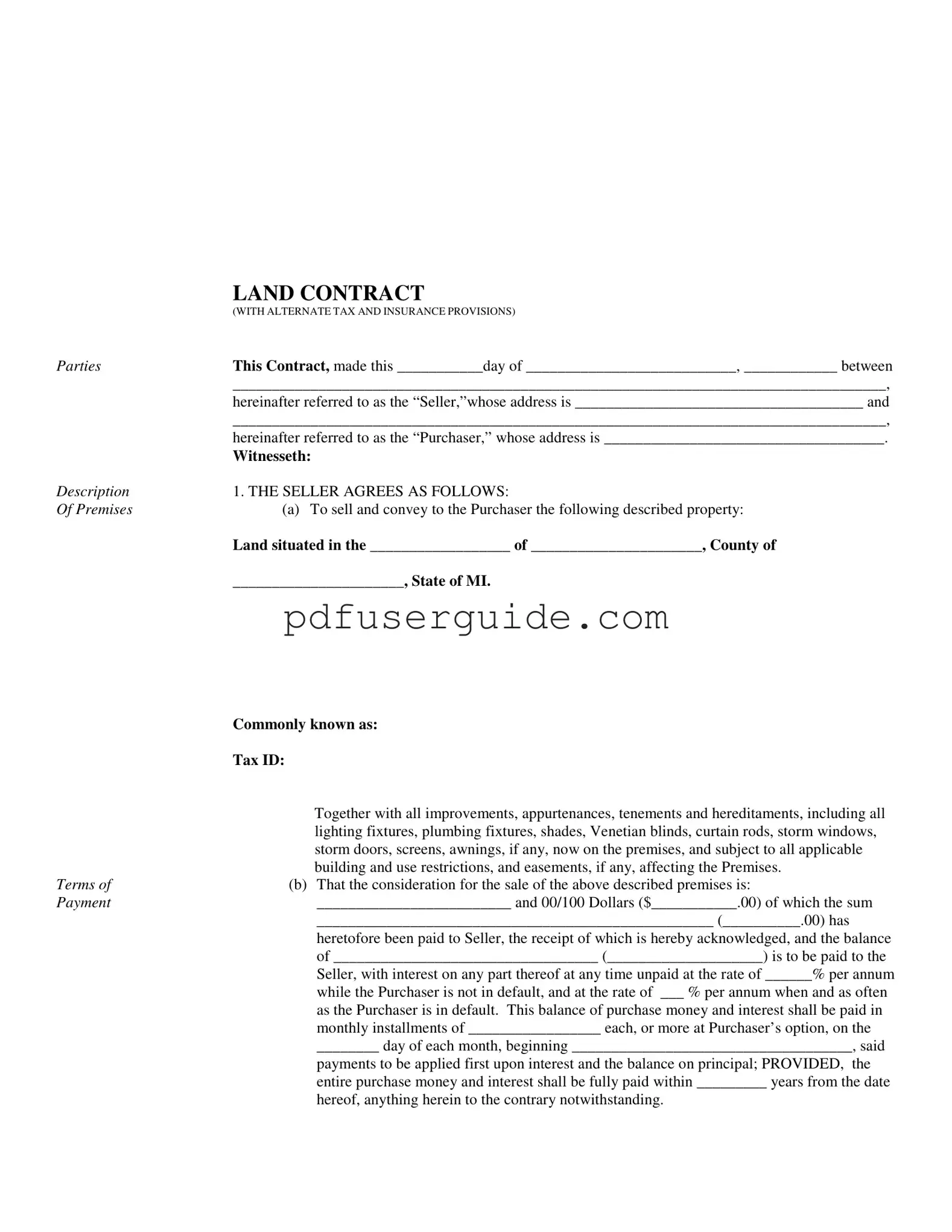 Free Indiana Land Contract Example Form in PDF