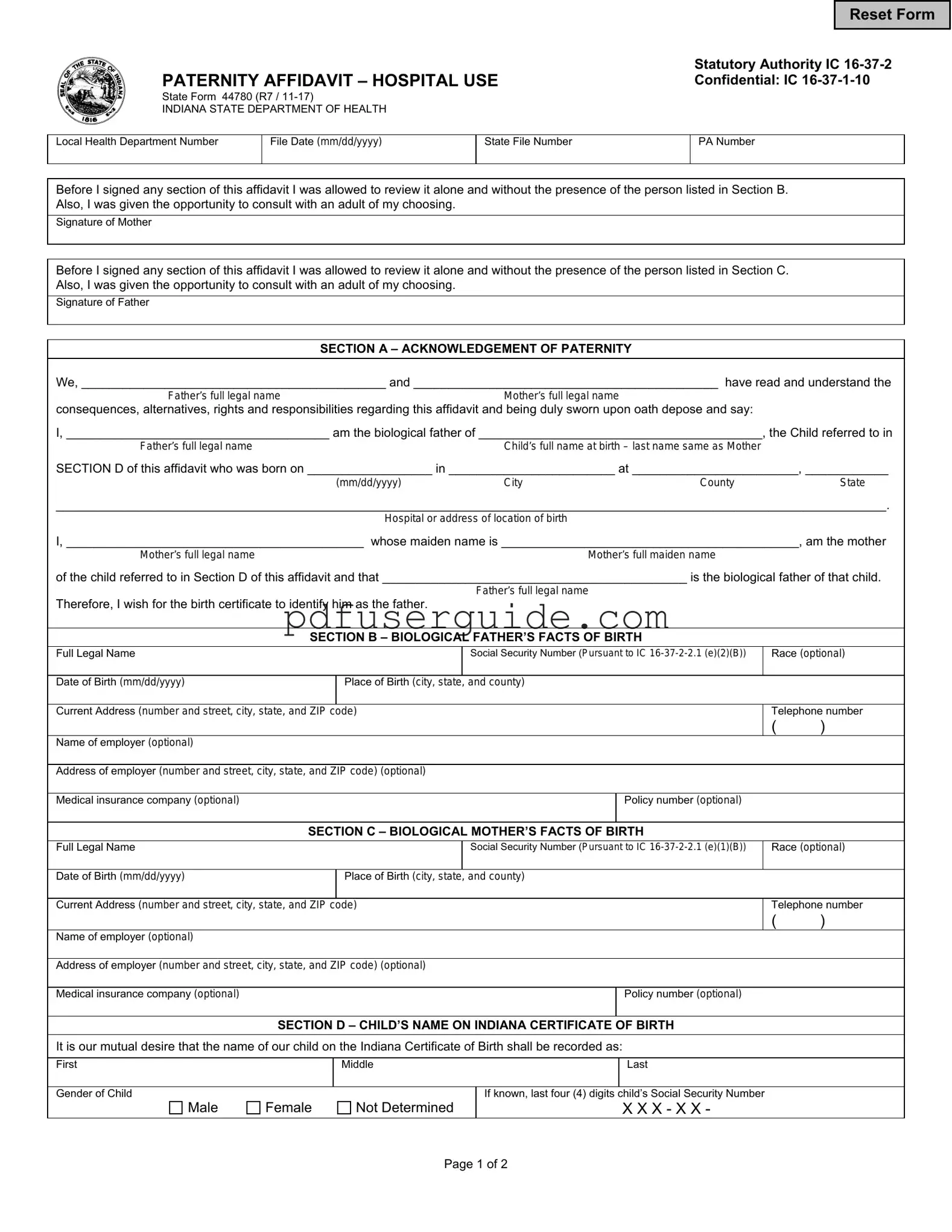 Free Indiana Paternity Affidavit 44780 Form in PDF