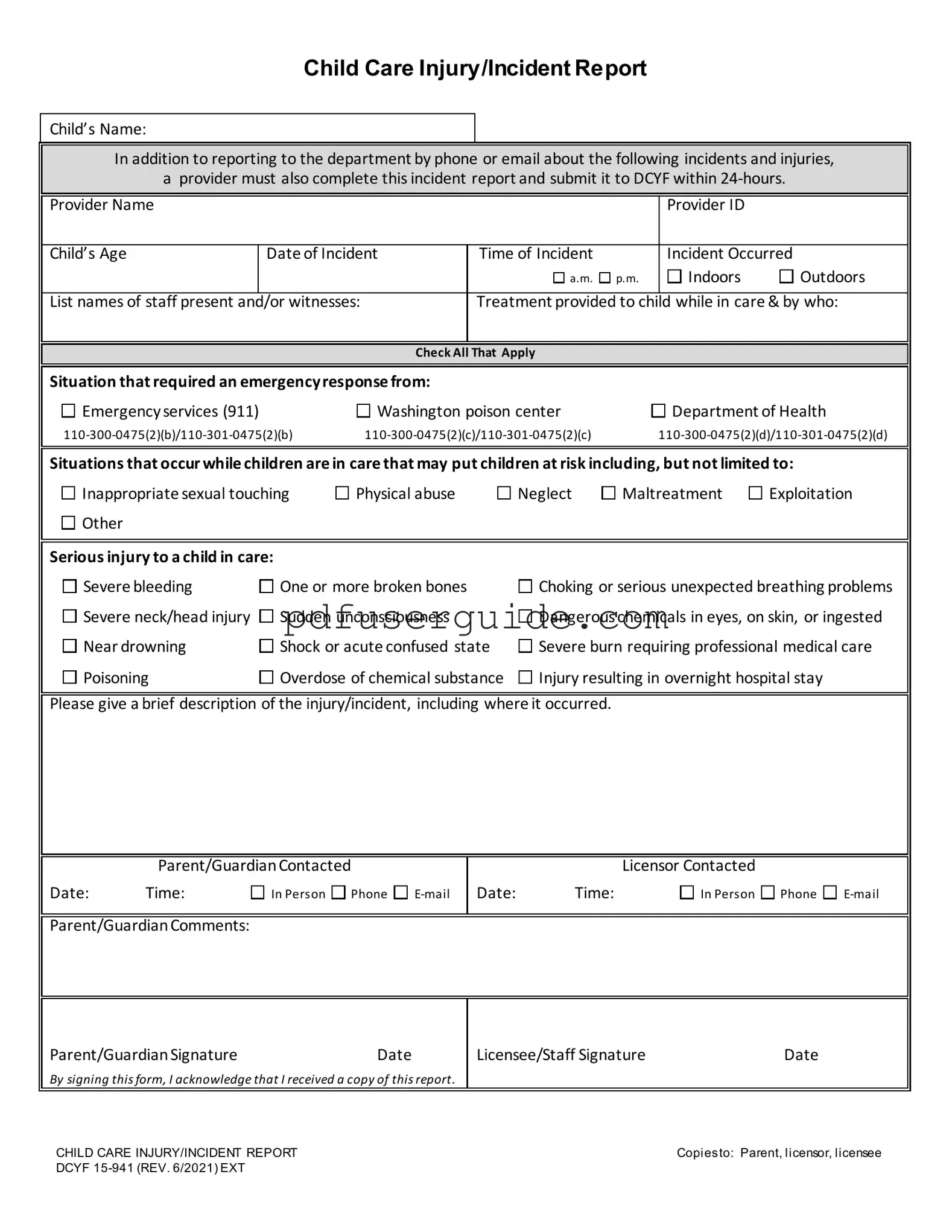 Free Child Care Incident Report Form in PDF