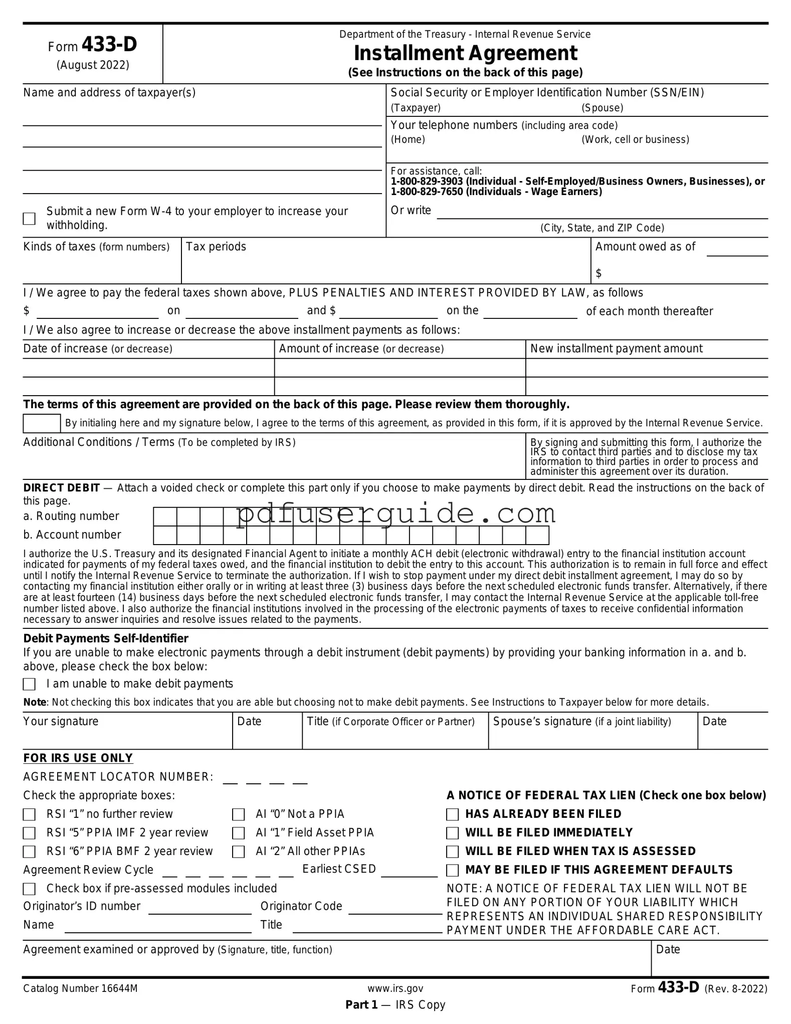 Free IRS 433-D Form in PDF
