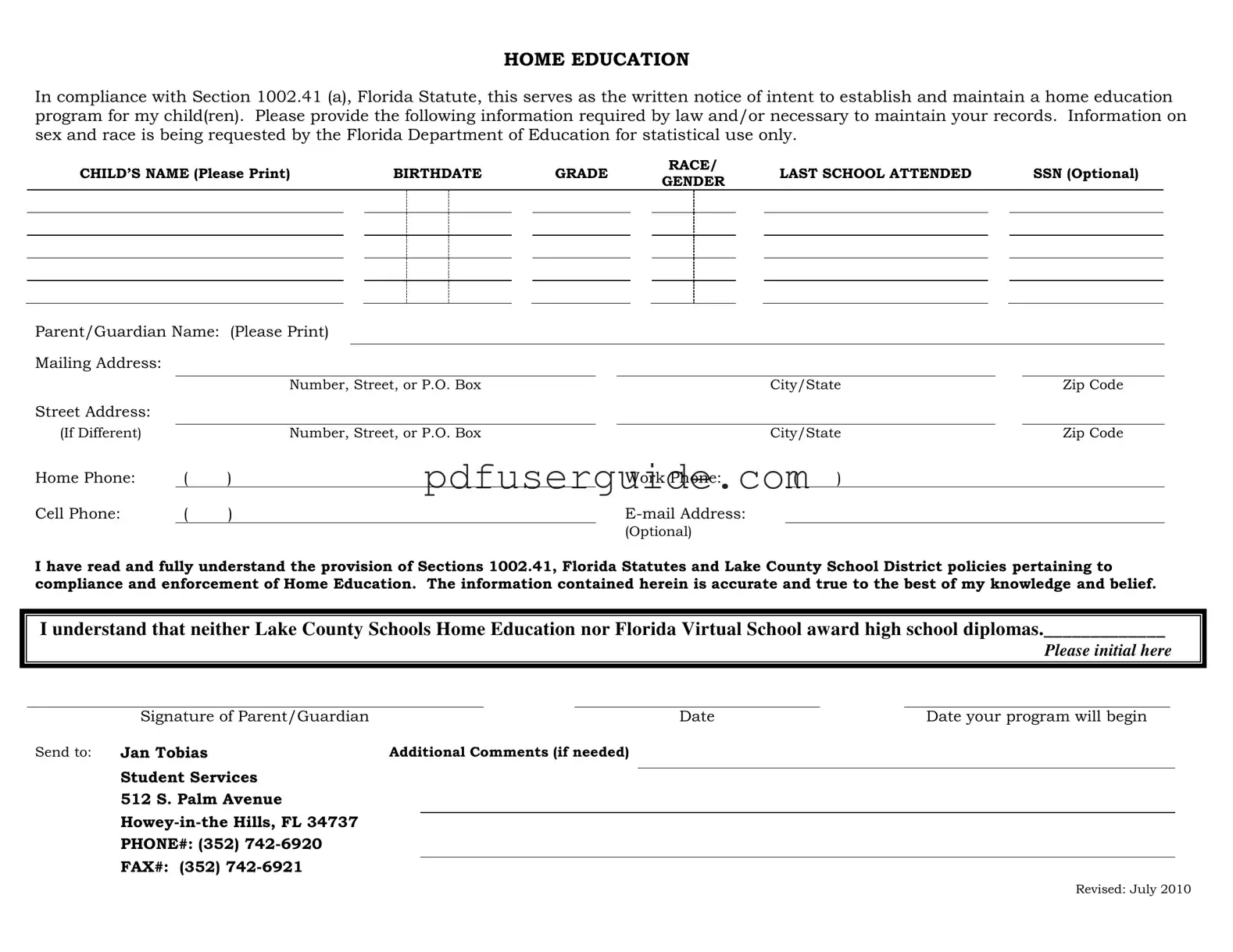 Free Intent To Homeschool Florida Form in PDF