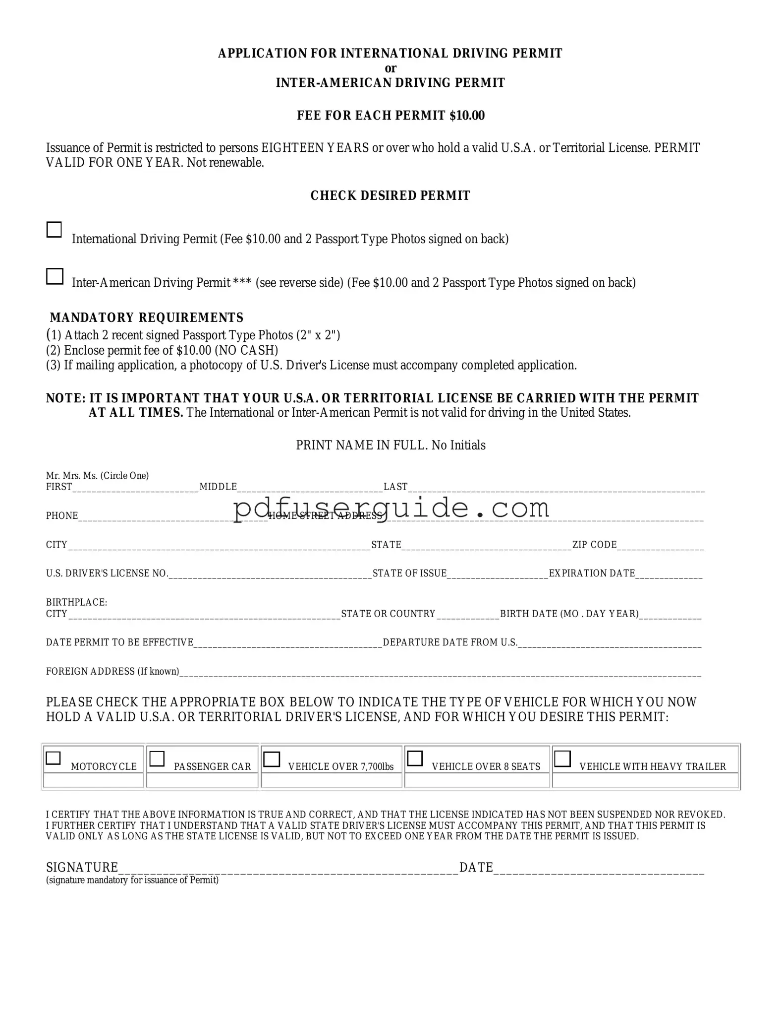 Free International Driving Permit Application Form in PDF