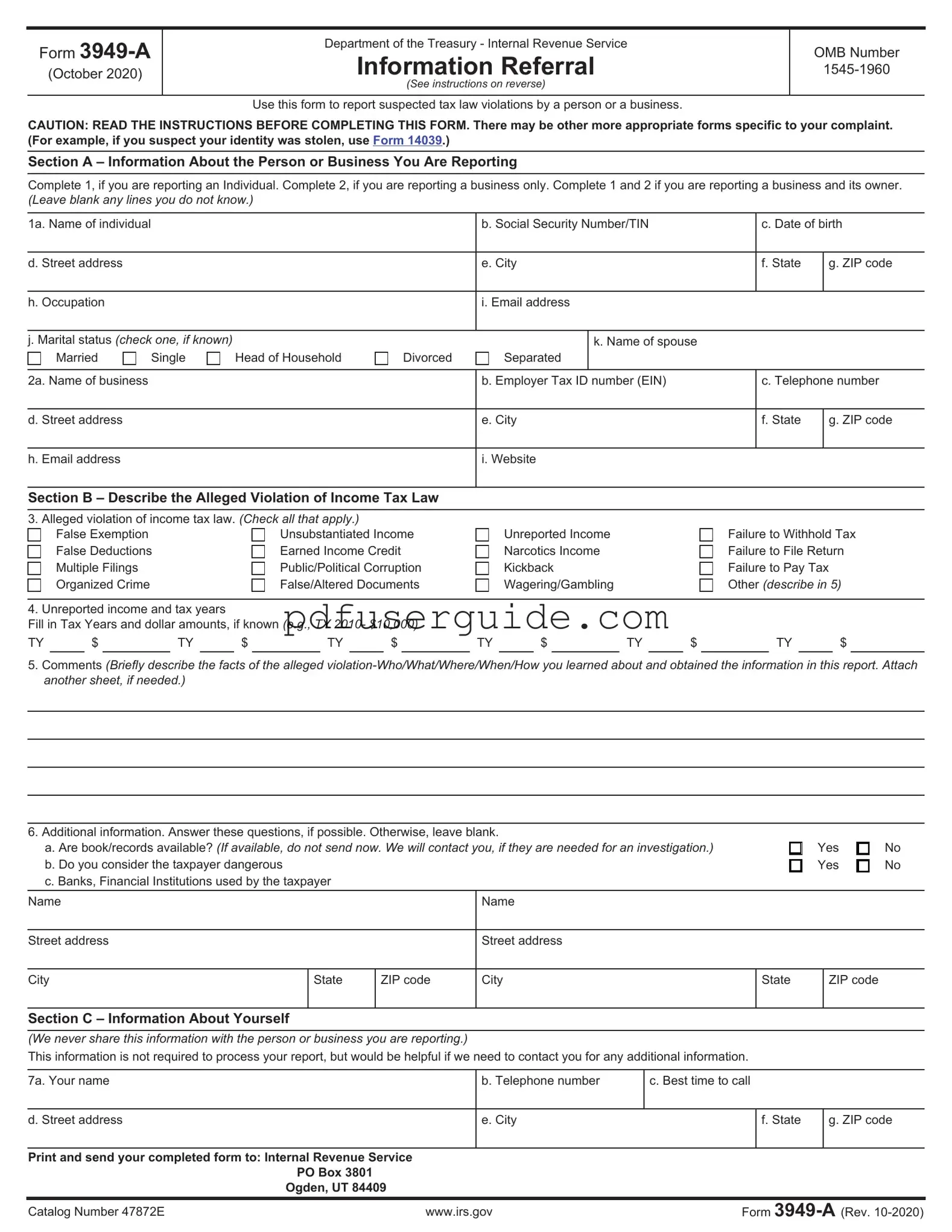 Free IRS 3949-A Form in PDF