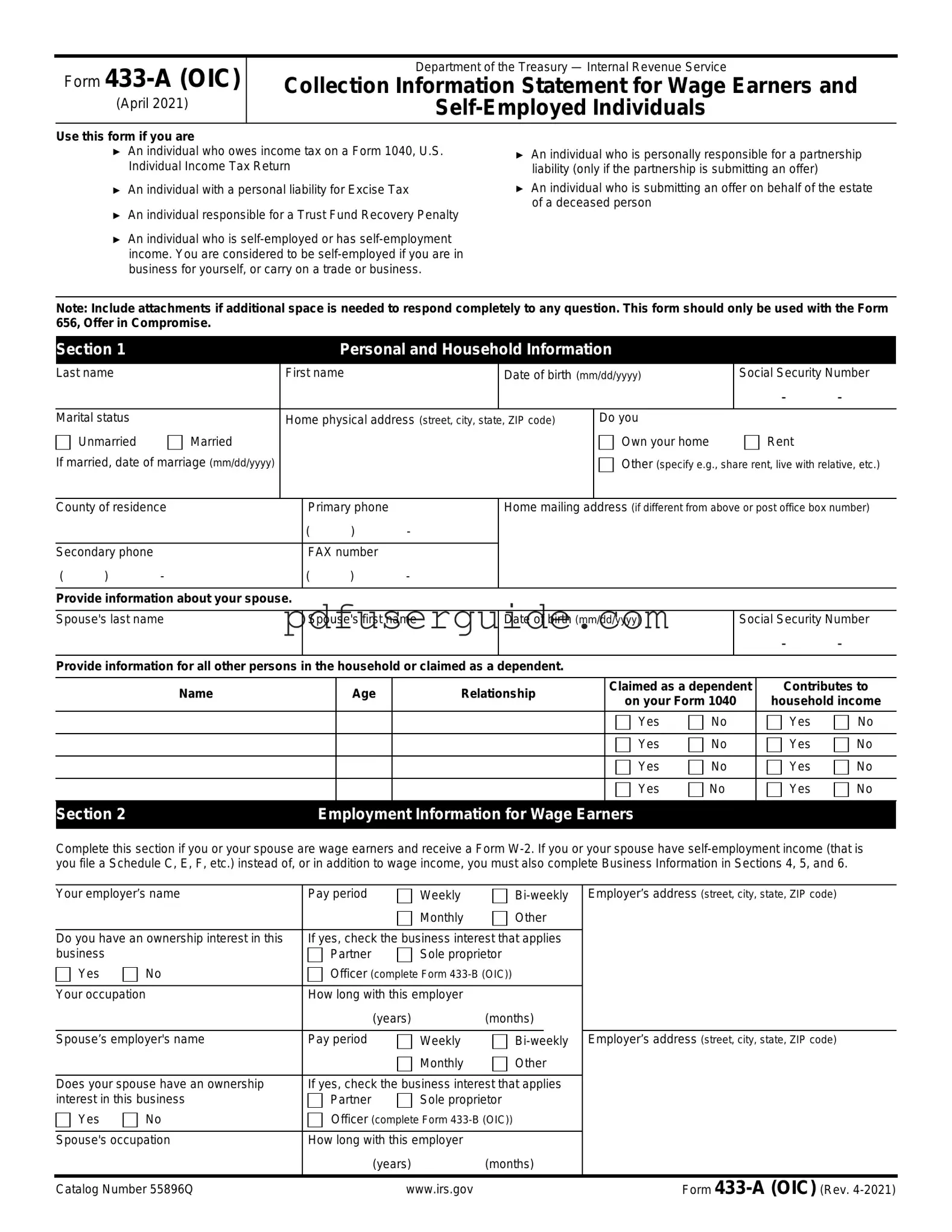Free IRS 433-A (OIC) Form in PDF