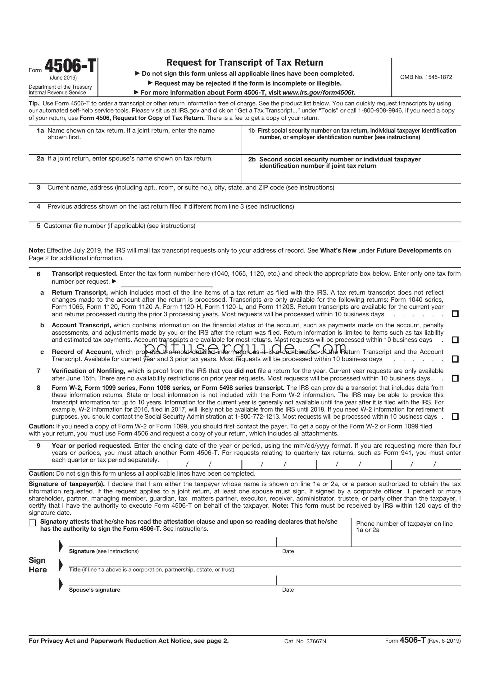 Free IRS 4506-T Form in PDF