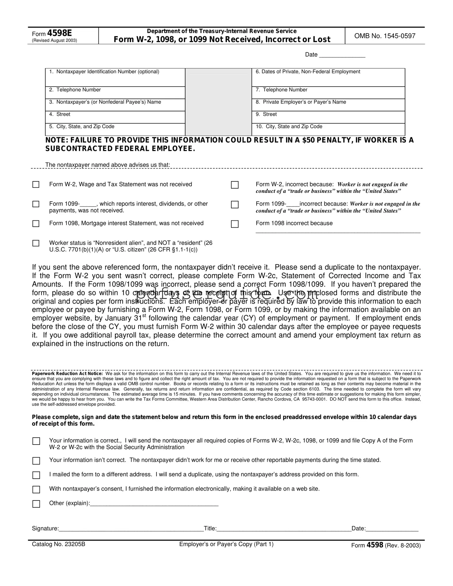 Free Irs 4598 Instructions Form in PDF