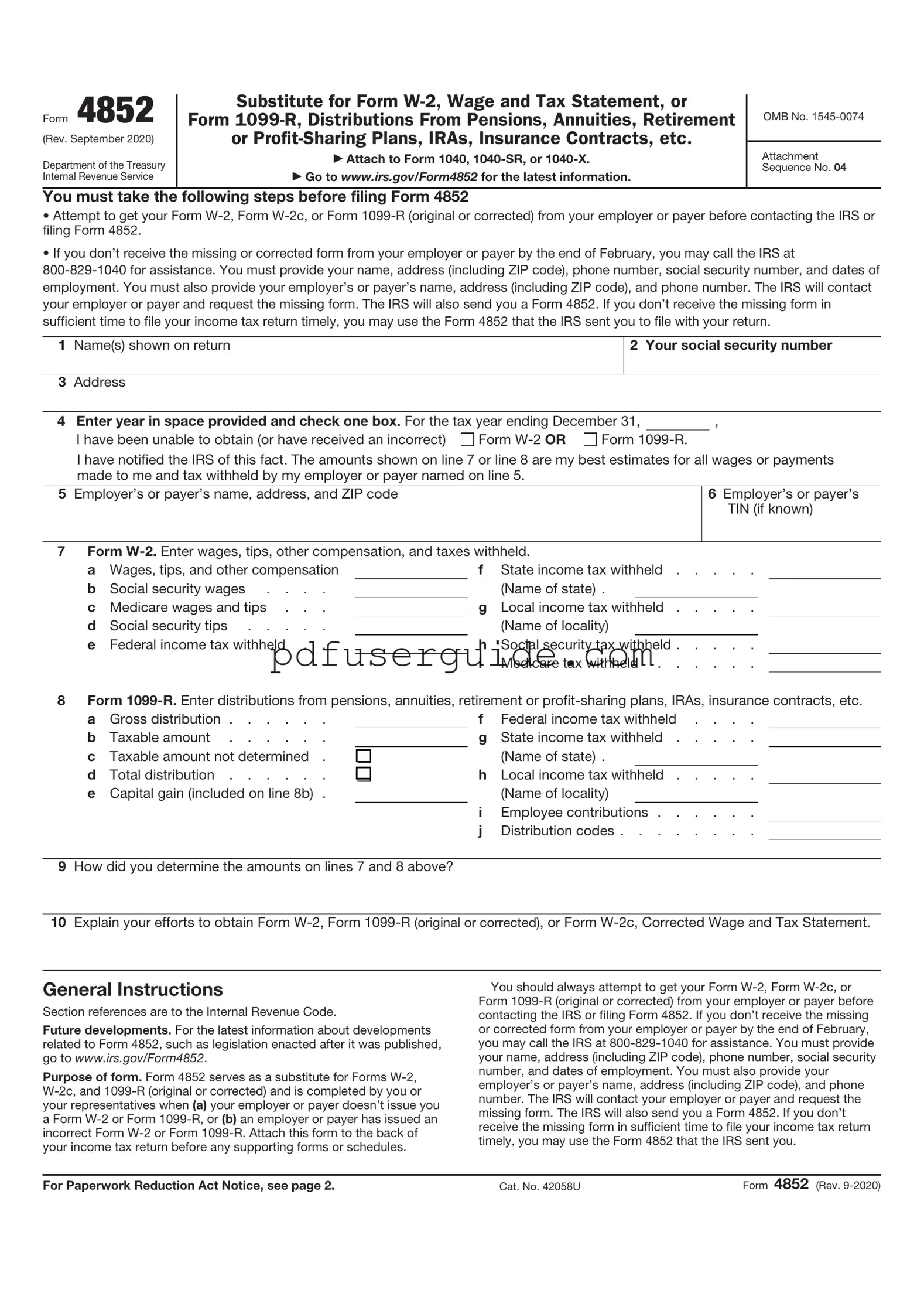 Free IRS 4852 Form in PDF