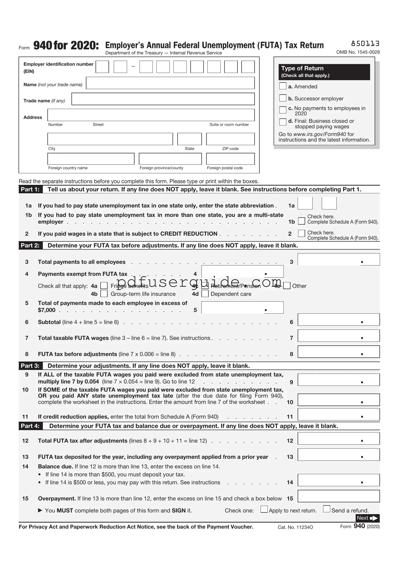 Free IRS 940 Form in PDF