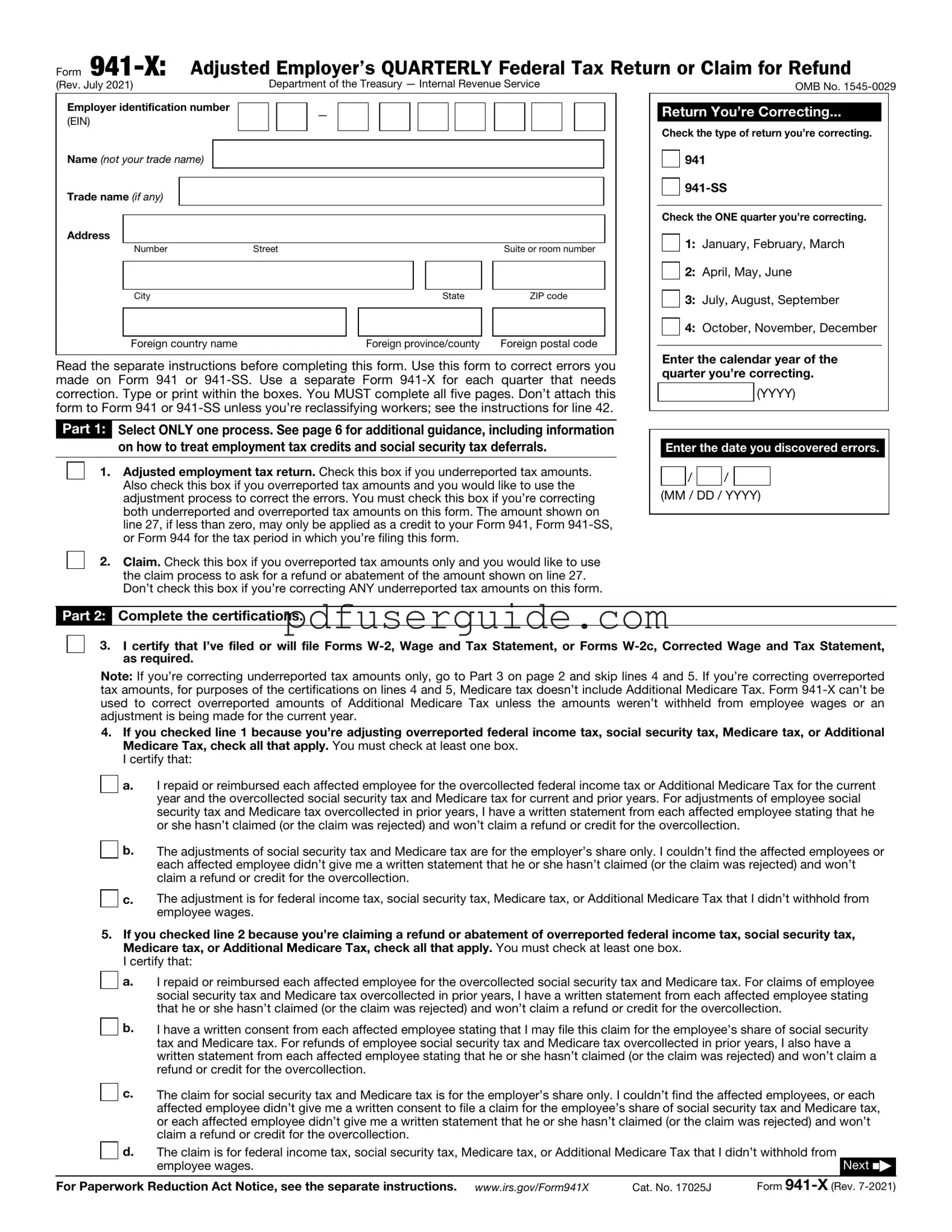 Free IRS 941-X Form in PDF