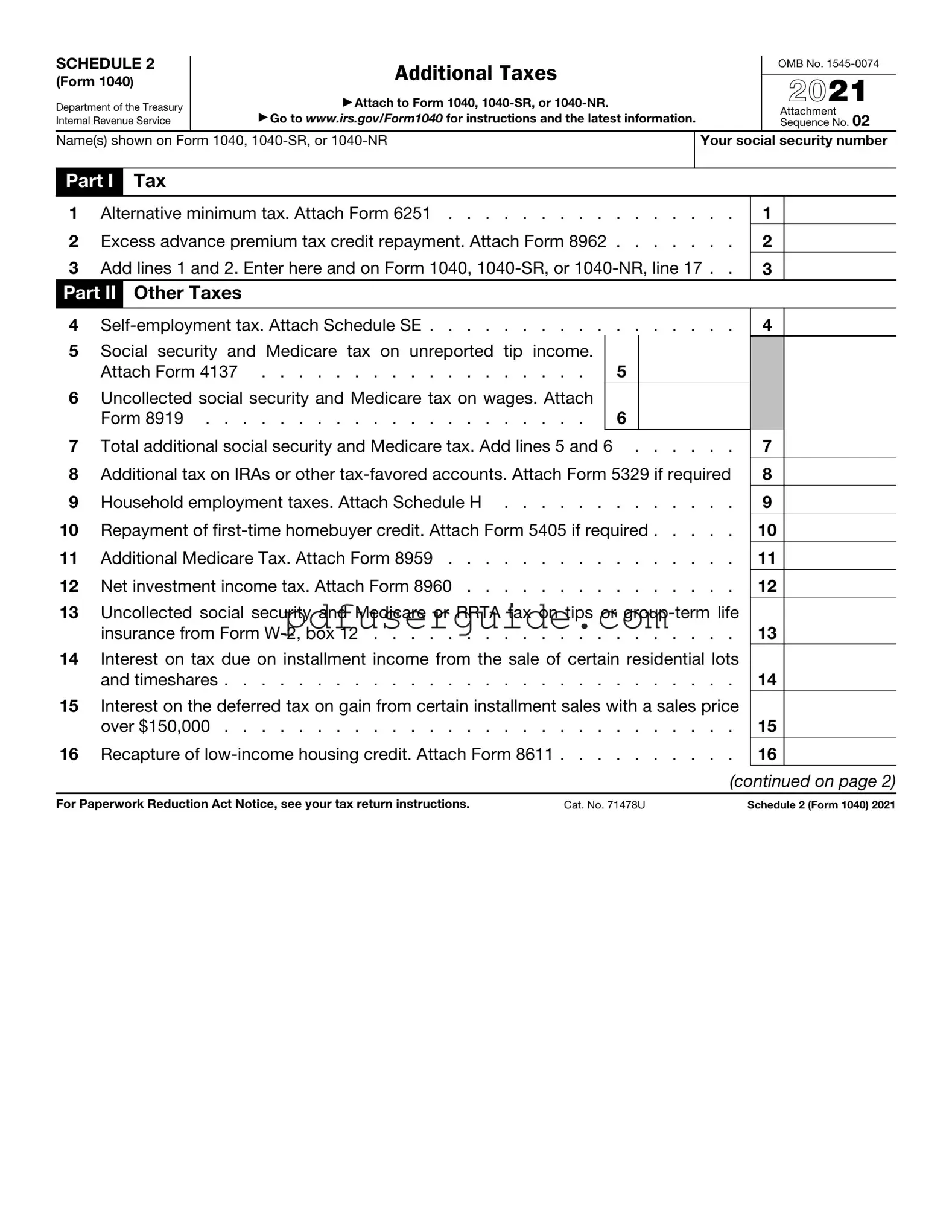 Free IRS Schedule 2 1040 or 1040-SR Form in PDF