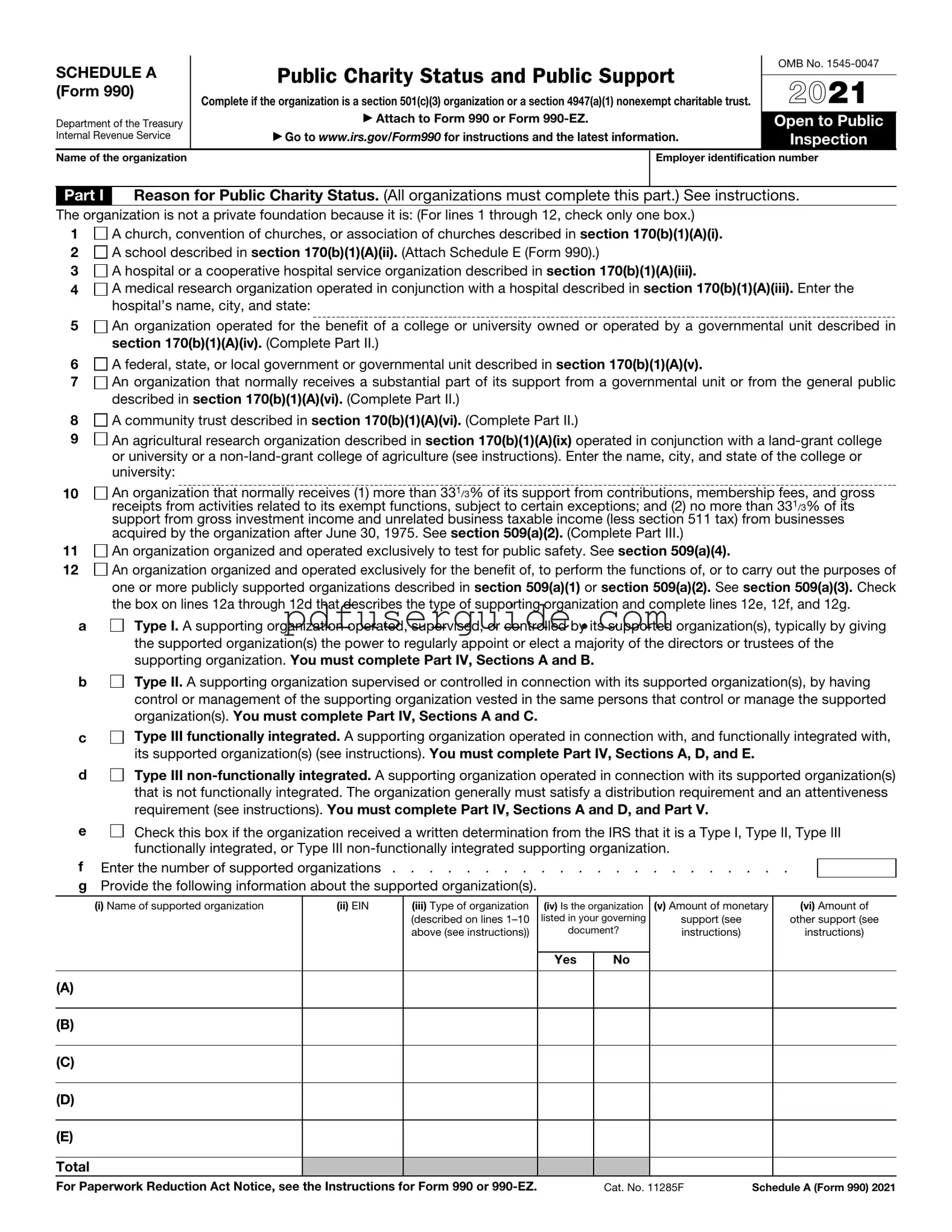 Free IRS Schedule A 990 or 990-EZ Form in PDF