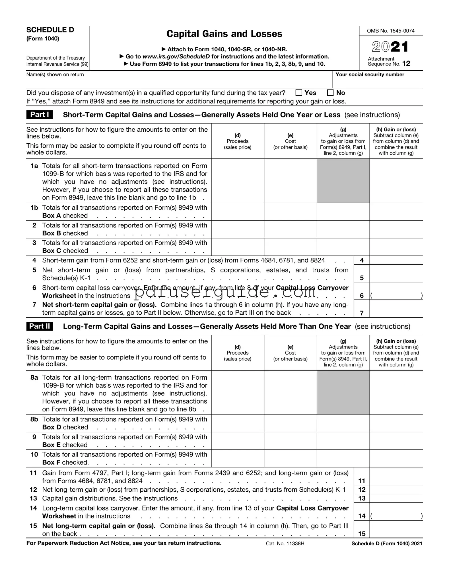 Free IRS Schedule D 1040 or 1040-SR Form in PDF