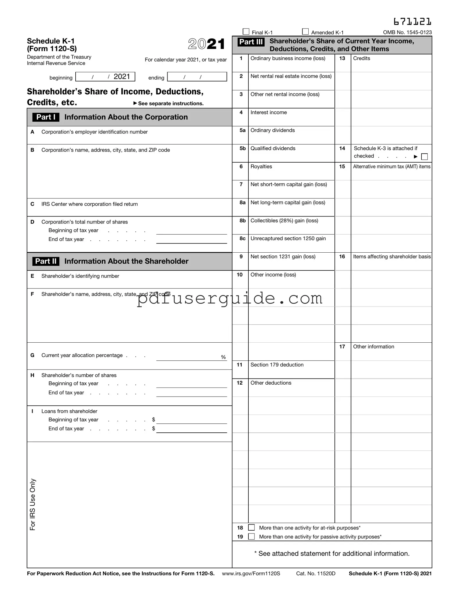 Free IRS Schedule K-1 1120-S Form in PDF