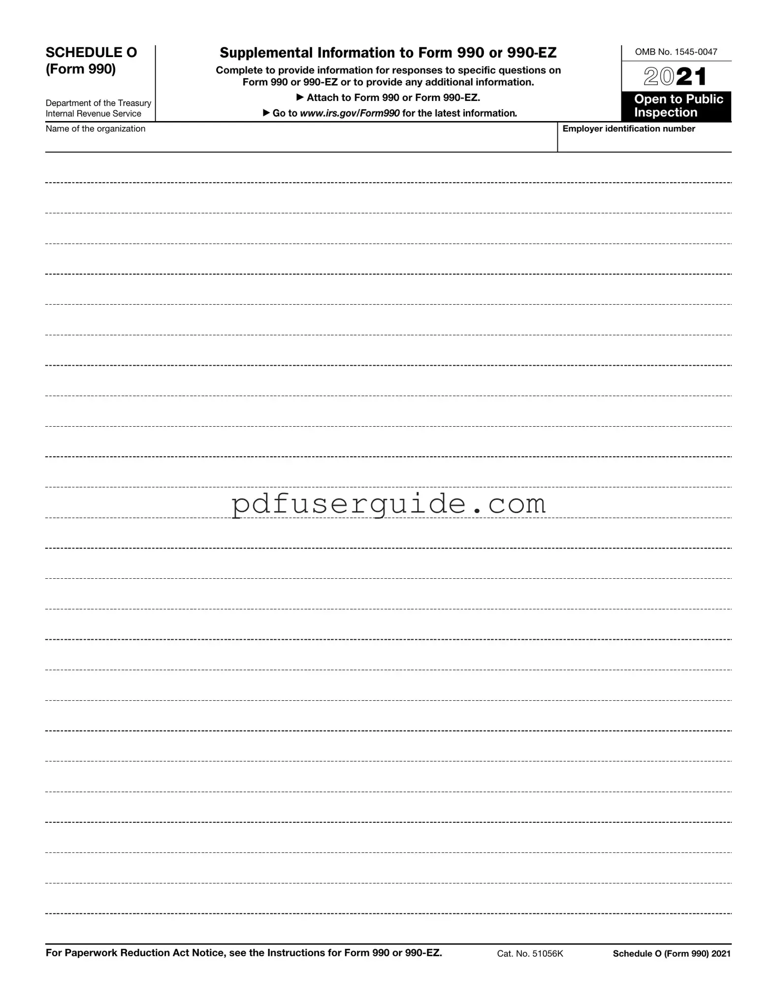 Free IRS Schedule O 990 or 990-EZ Form in PDF