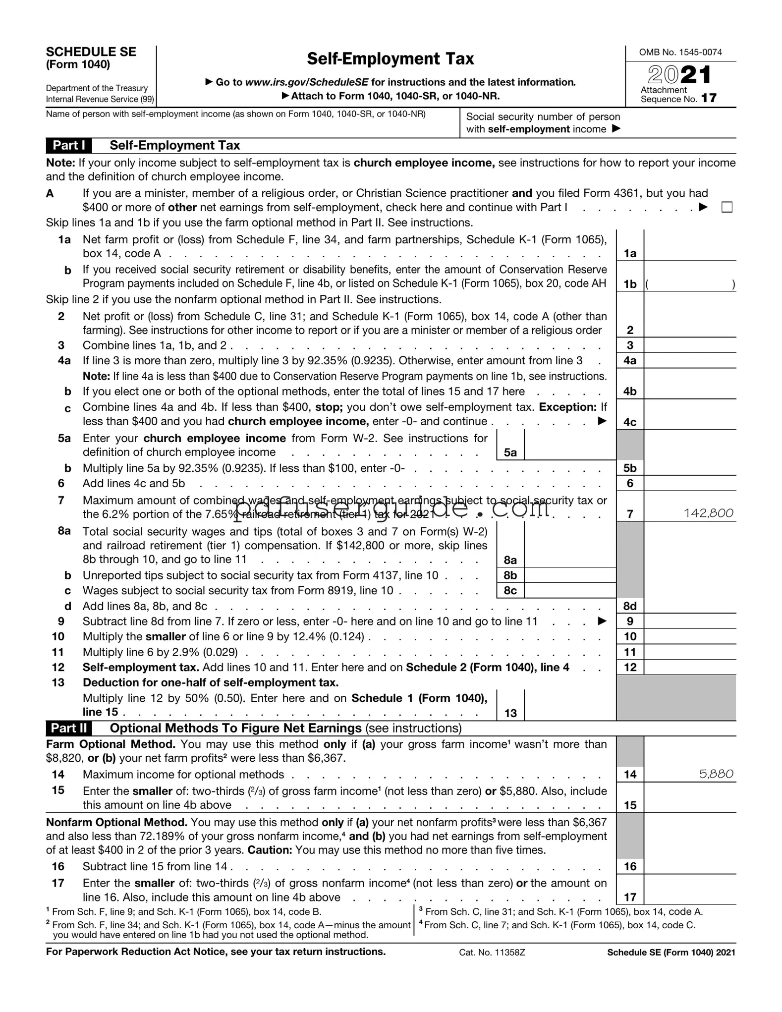 Free IRS Schedule SE 1040 Form in PDF
