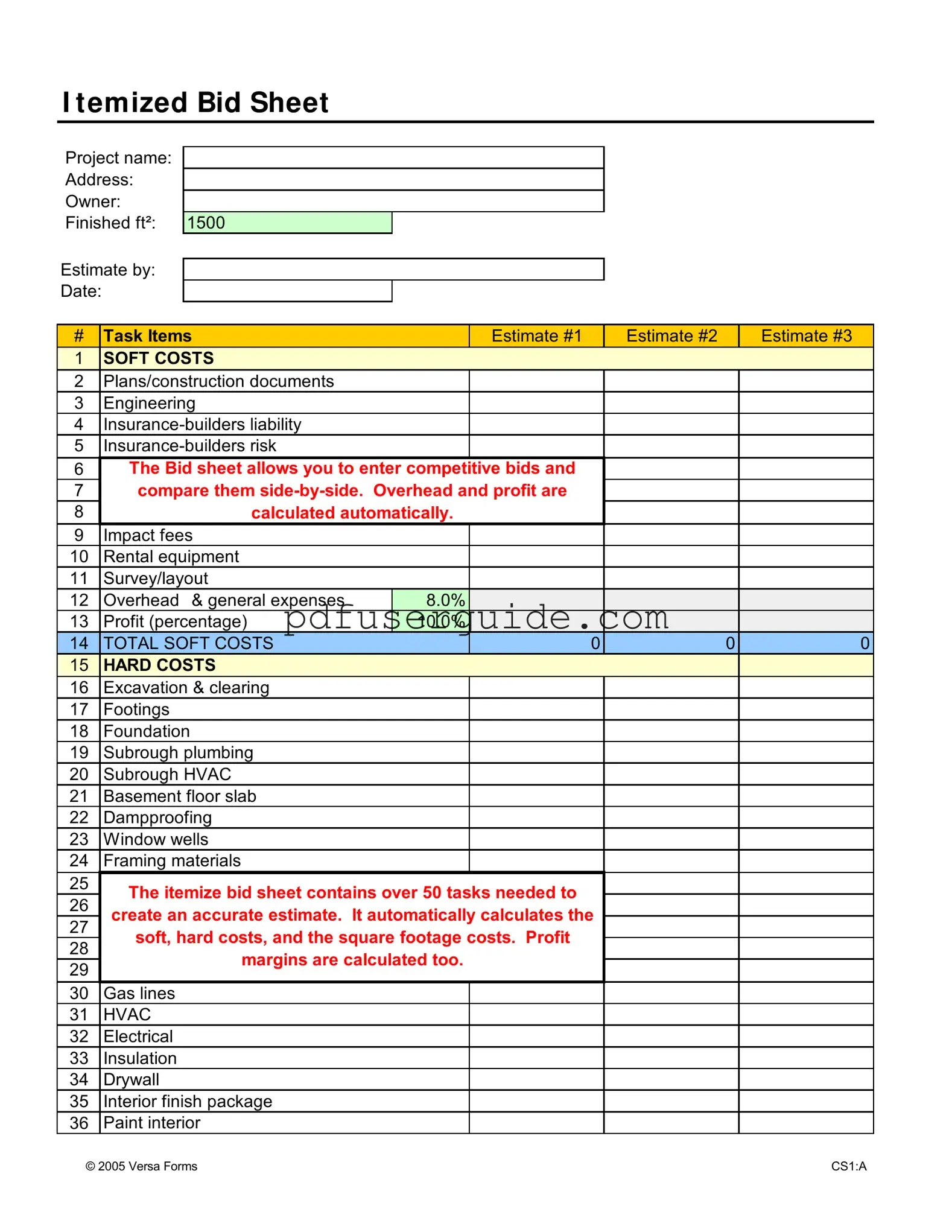 Free Itemized Bid Sheet Form in PDF
