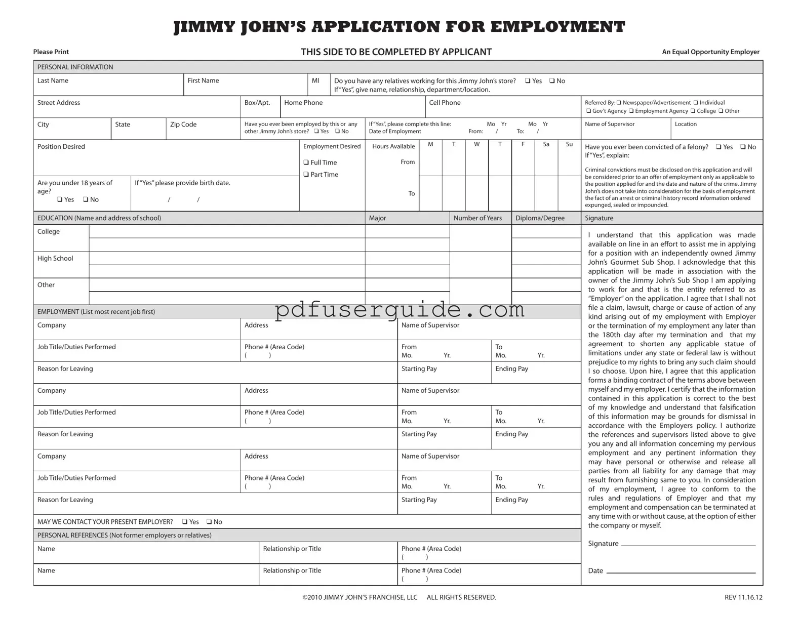 Free Jimmy John Job Application Form in PDF