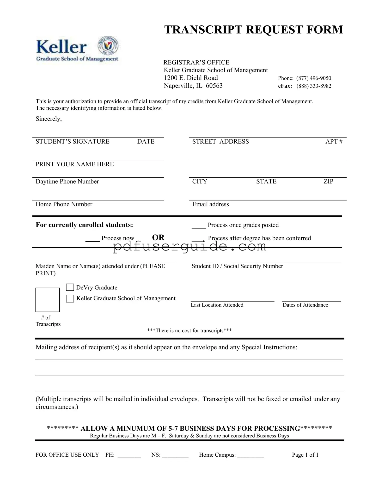 Free Keller Transcript Request Form in PDF