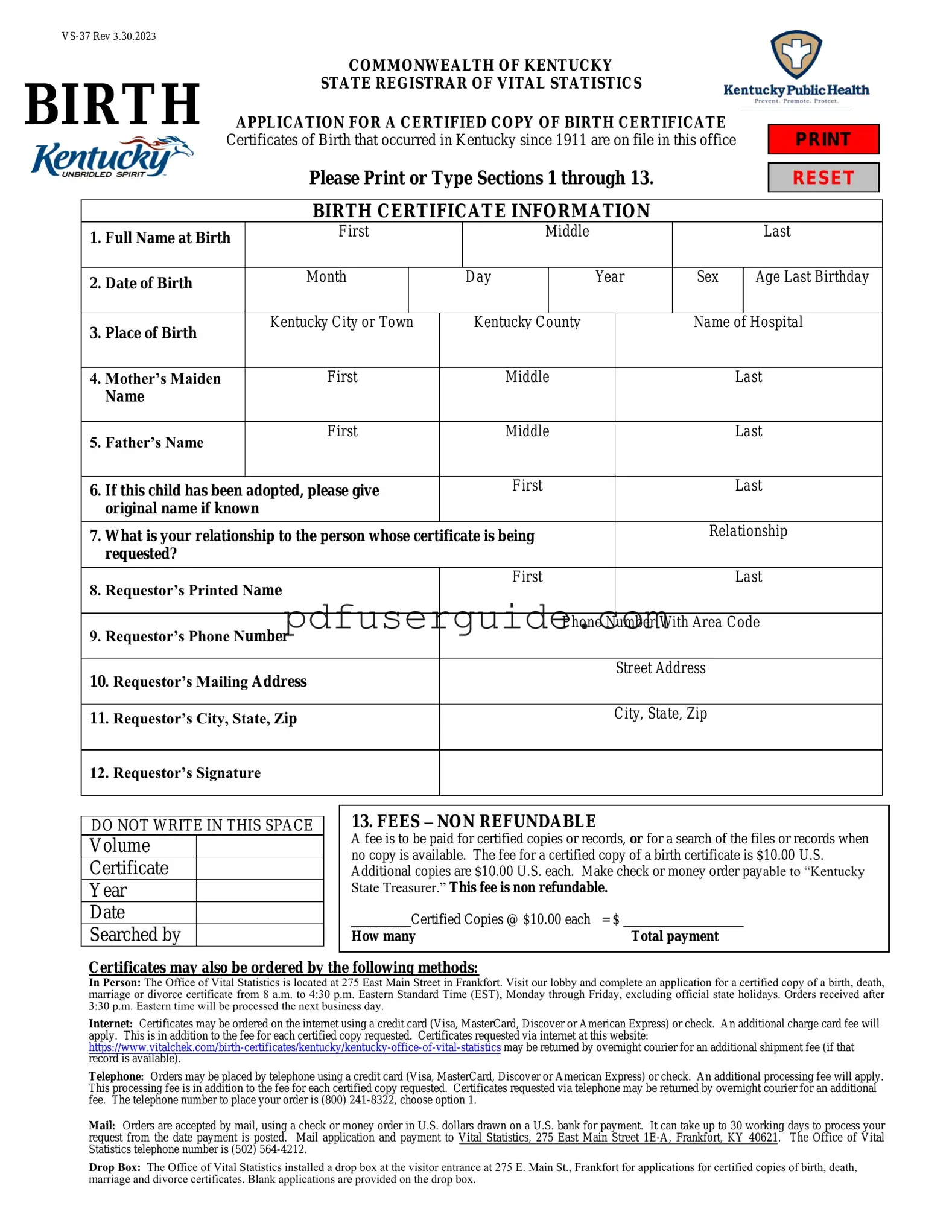 Free Kentucky Birth Certificate Form in PDF