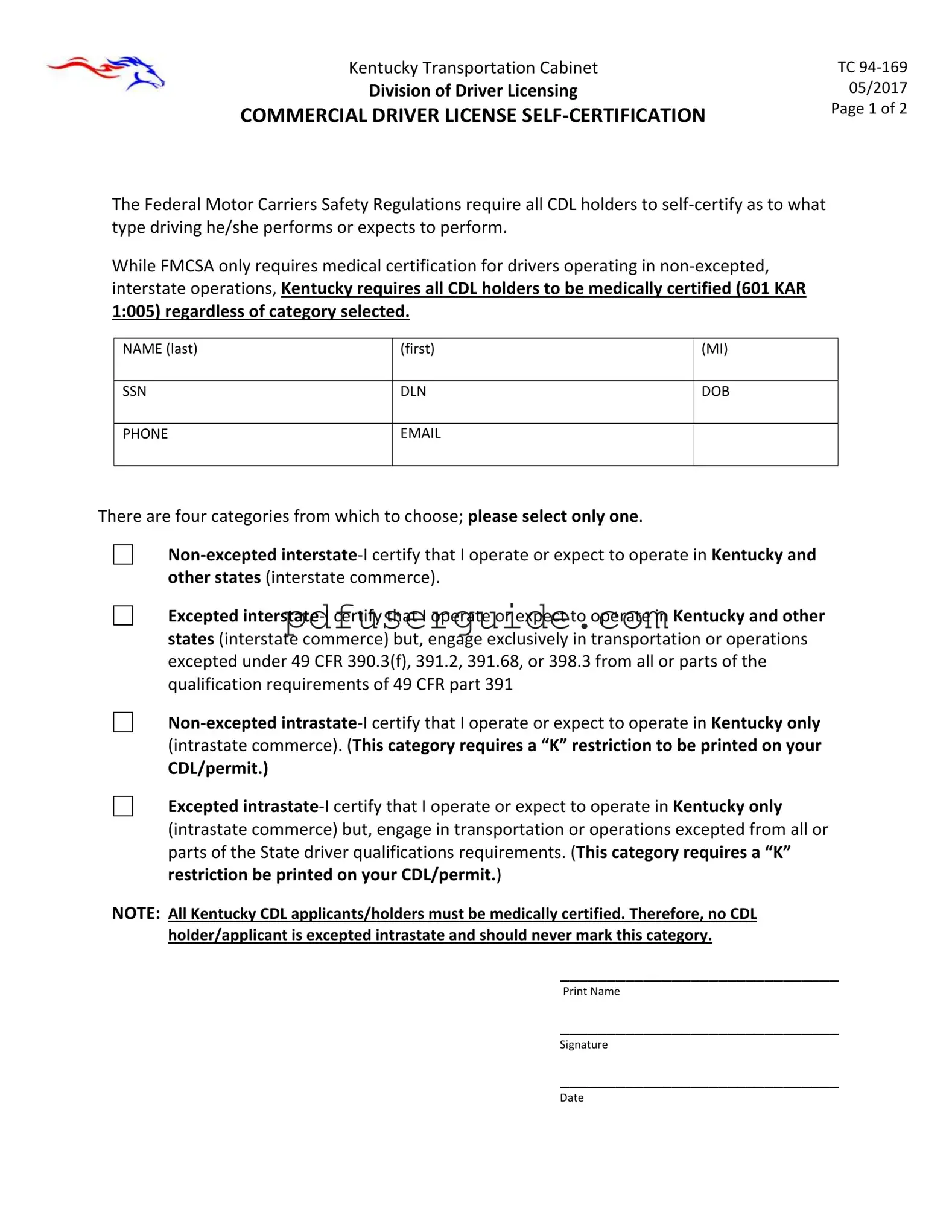 Free Kentucky Cdl Self Certification Form in PDF