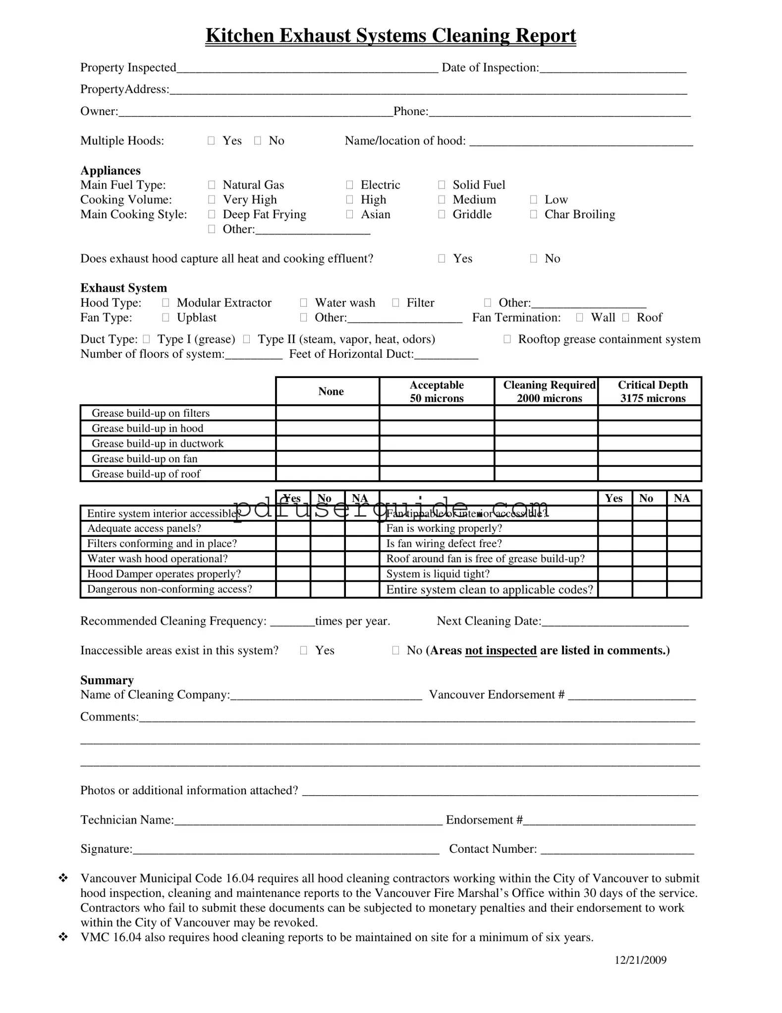 Free Kitchen Cleaning Report Form in PDF