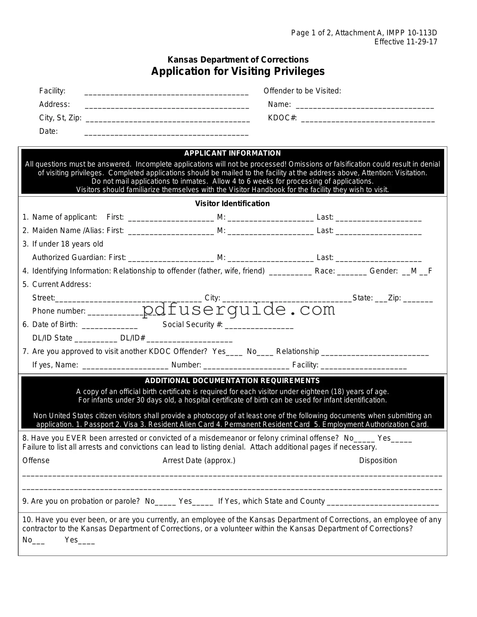 Free Ks Prison Visitation Application Form in PDF