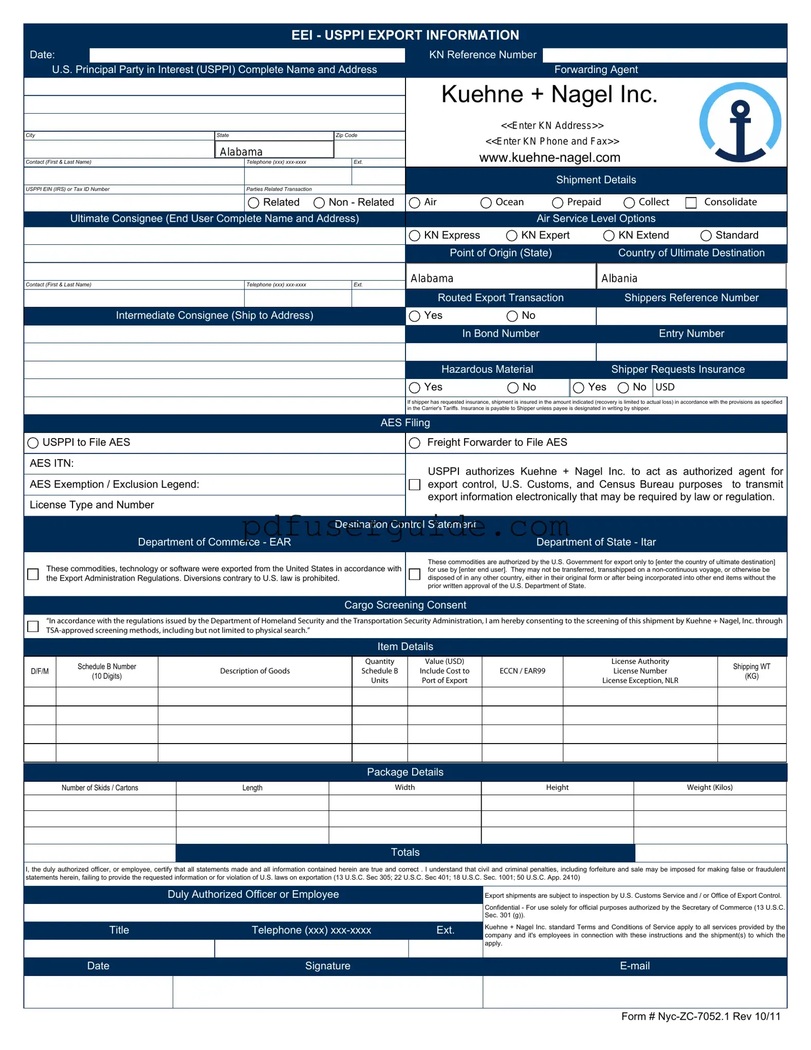Free Kuehne Nagel Eei Form in PDF